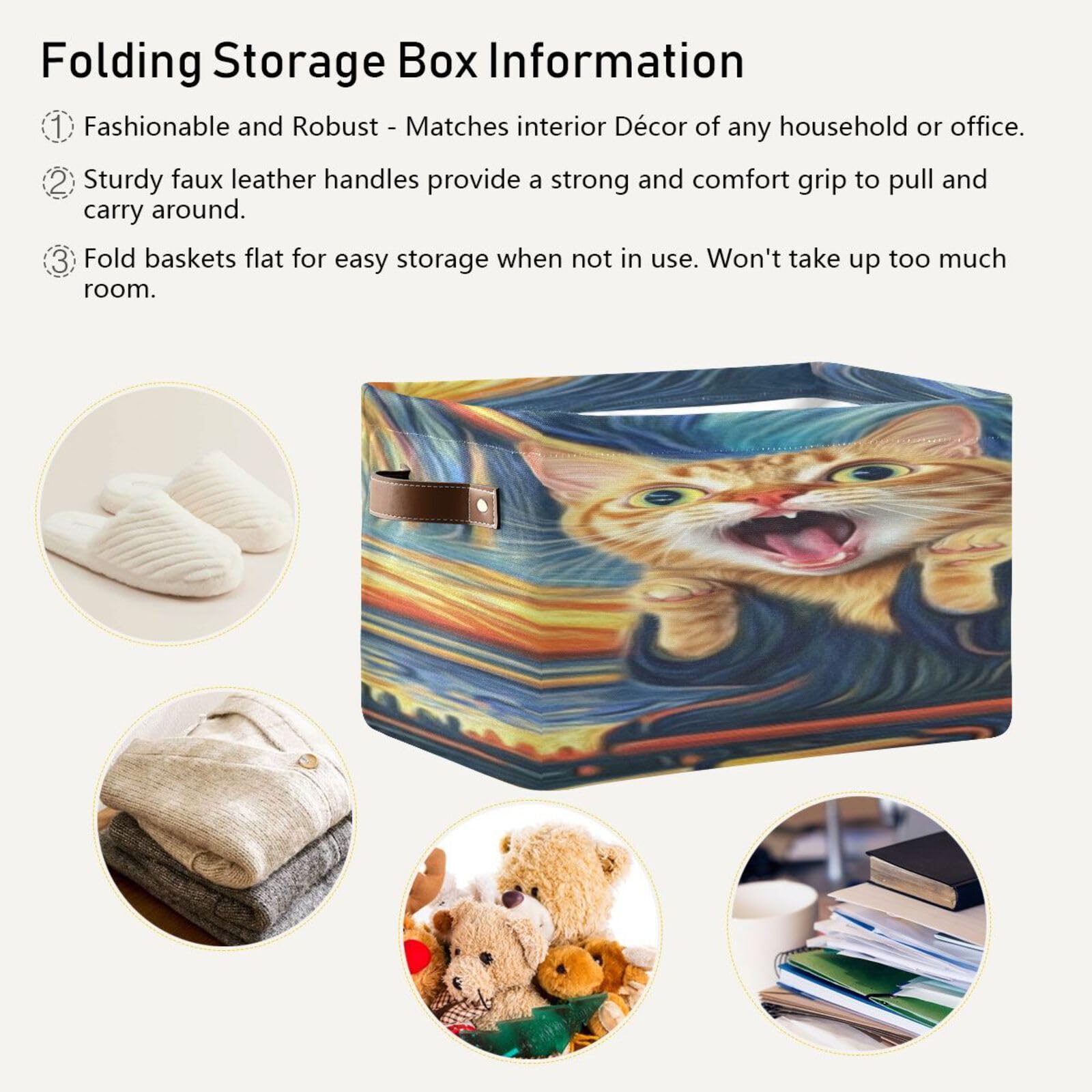 Large Foldable Storage Baskets with Handles - 2 Pack Calico Cat Pattern Organizing Bins for Closet, Shelves & Home Organization | Perfect for Bedroom, Bathroom & Kids Room Storage