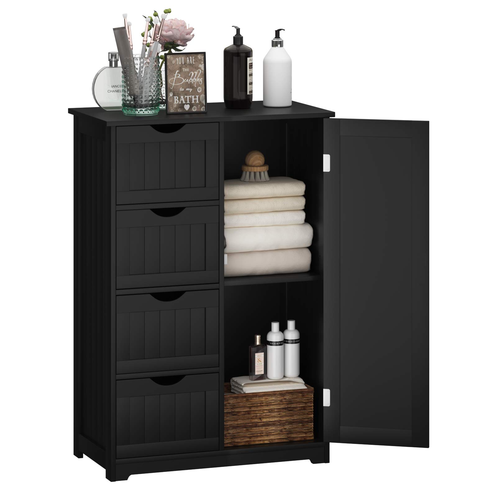 GLACER 22 x 12 x 32 Inches Bathroom Floor Cabinet with 4 Drawers & 1 Door - Multifunctional Wooden Storage Organizer for Bathroom, Living Room, Kitchen - Perfect for Towels, Toiletries & Home Organization (Black)