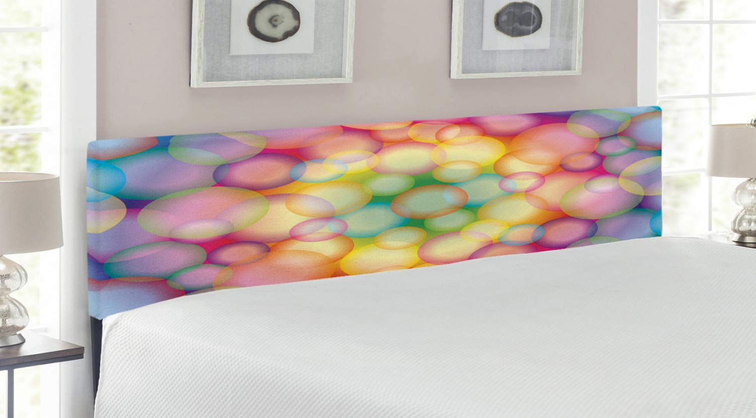 Ambesonne Modern Upholstered Headboard - Vibrant Rainbow Bubbles & Circular Hoops Art Print, King Size Decorative Metal Bed Frame with Memory Foam | Perfect for Contemporary Bedrooms, Guest Rooms & Dorm Decor
