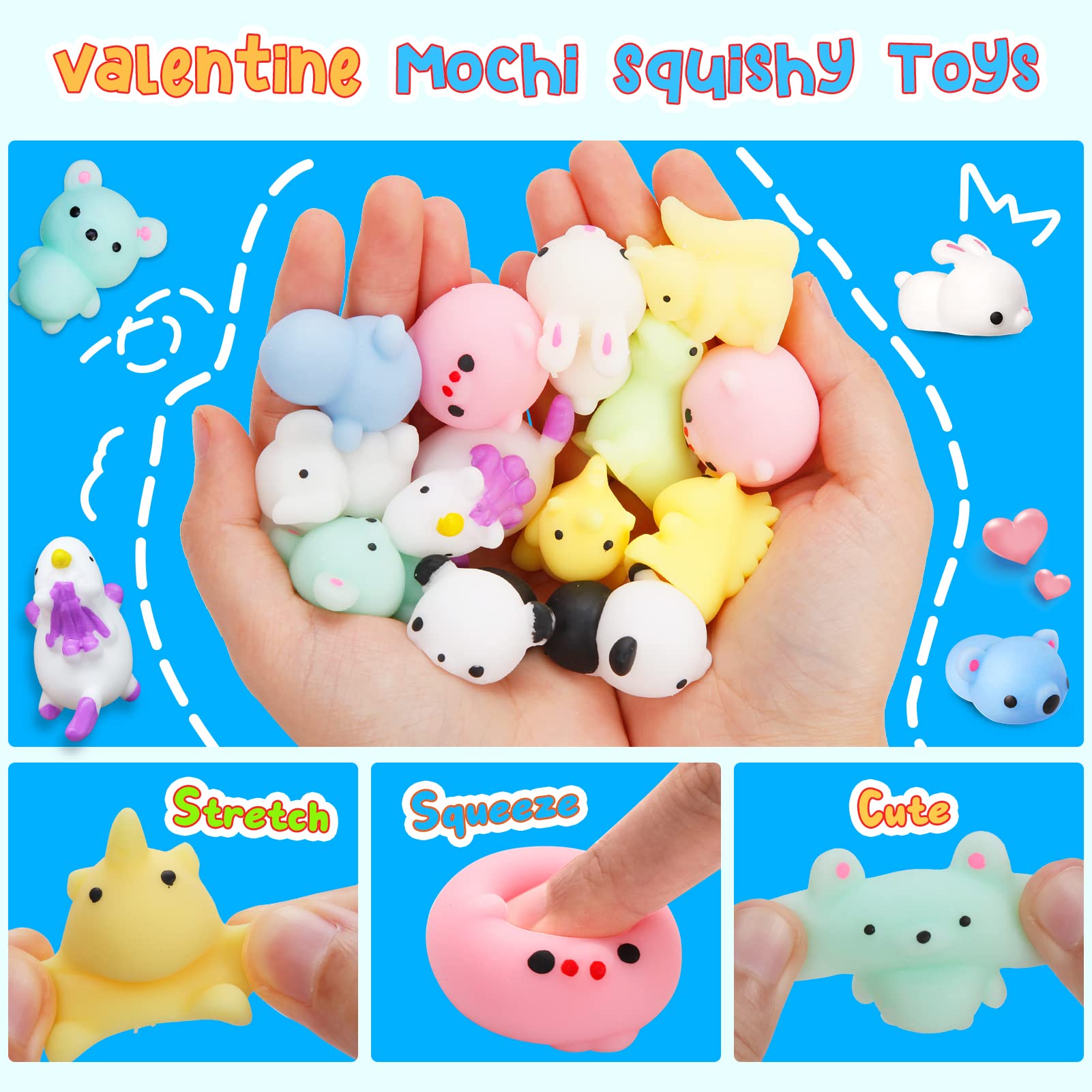 30 Pack Valentine's Day Cards with Mochi Squishy Toys - Cute Mini Stress Relief Toys for Kids, Classroom Prizes & Gift Exchange - Perfect for School Parties, Valentine's Day Gifts & Stress Relief Activities