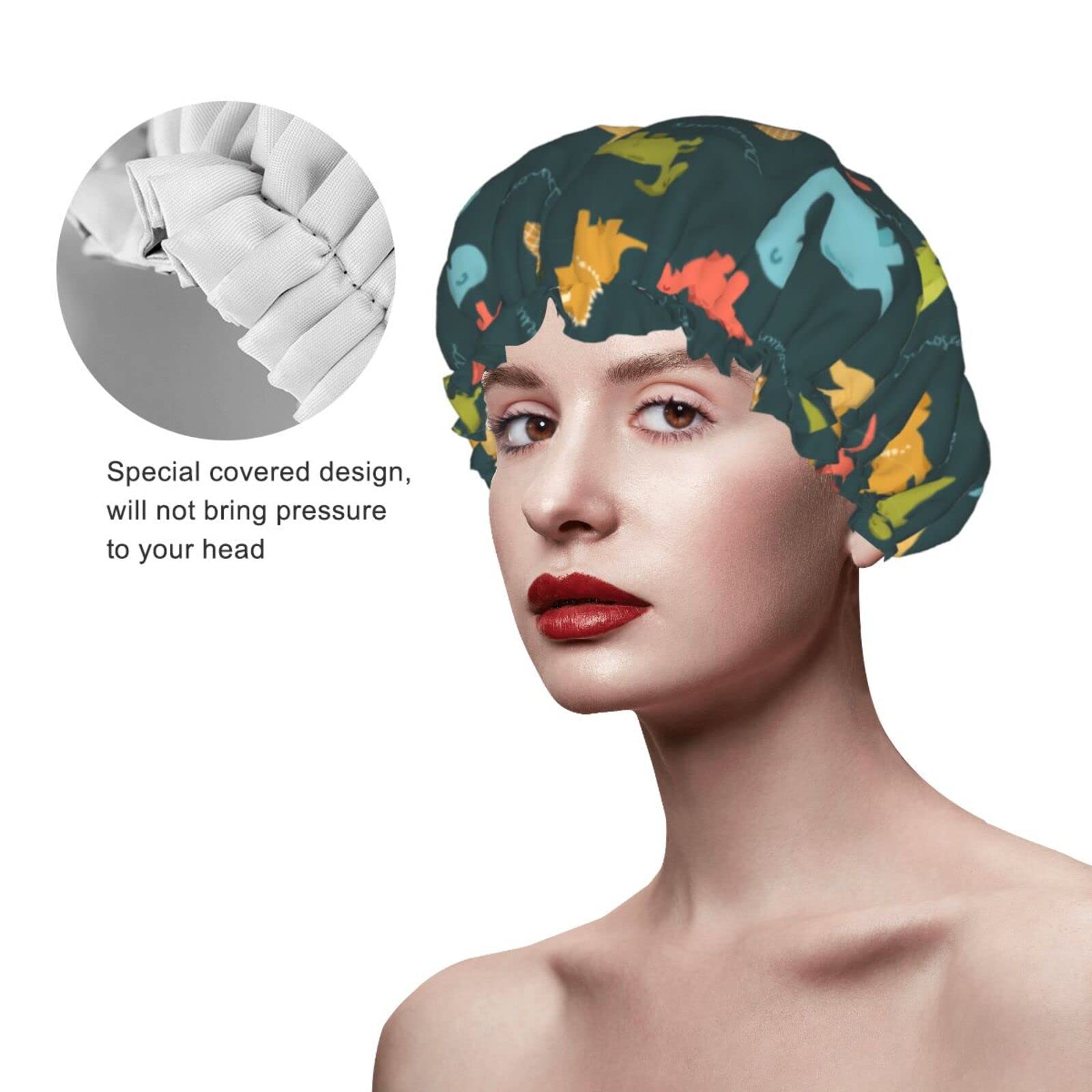 Dinosaur Pine Egg Shower Cap for Women & Kids - Reusable Long Hair Shower Hat with Elastic Band, Double Layer Bathing Cap for Adults & Children - Perfect for Bathing, Swimming & Spa Days