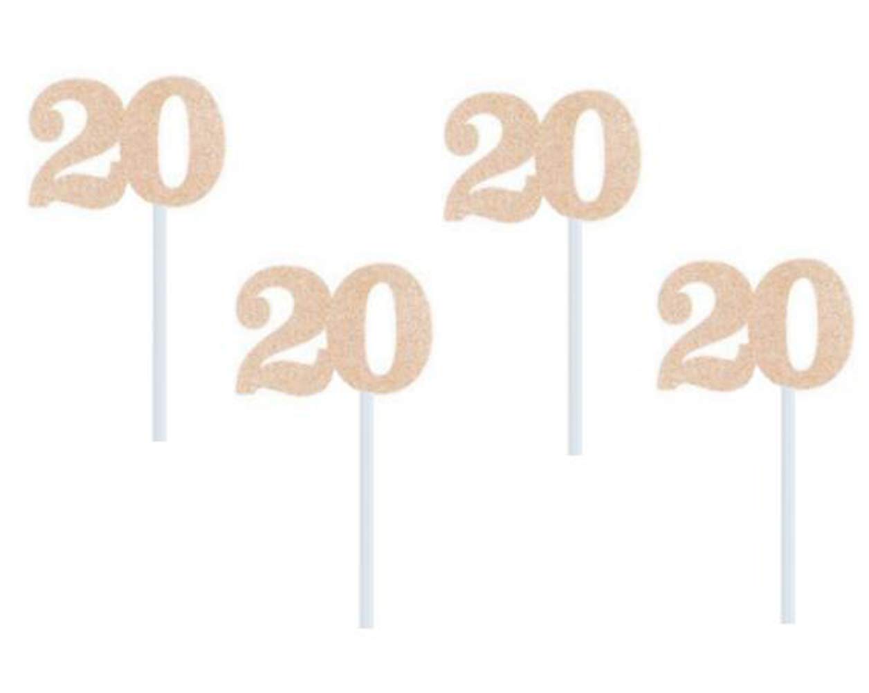 Glitter Rose Gold 20th Birthday Cupcake Toppers - 24 Pack Number 20 Cake Decorations for Anniversary, Graduation & Special Occasions