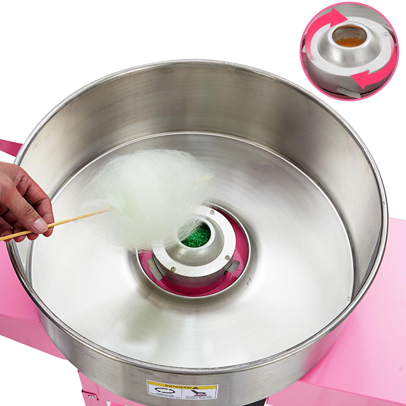 Pink Commercial Cotton Candy Machine with Cart - Stainless Steel Bowl, Sugar Scoop & Drawer for Parties, Carnivals, Fairs & Home Use - Family Fun Cotton Candy Maker (No Lid)