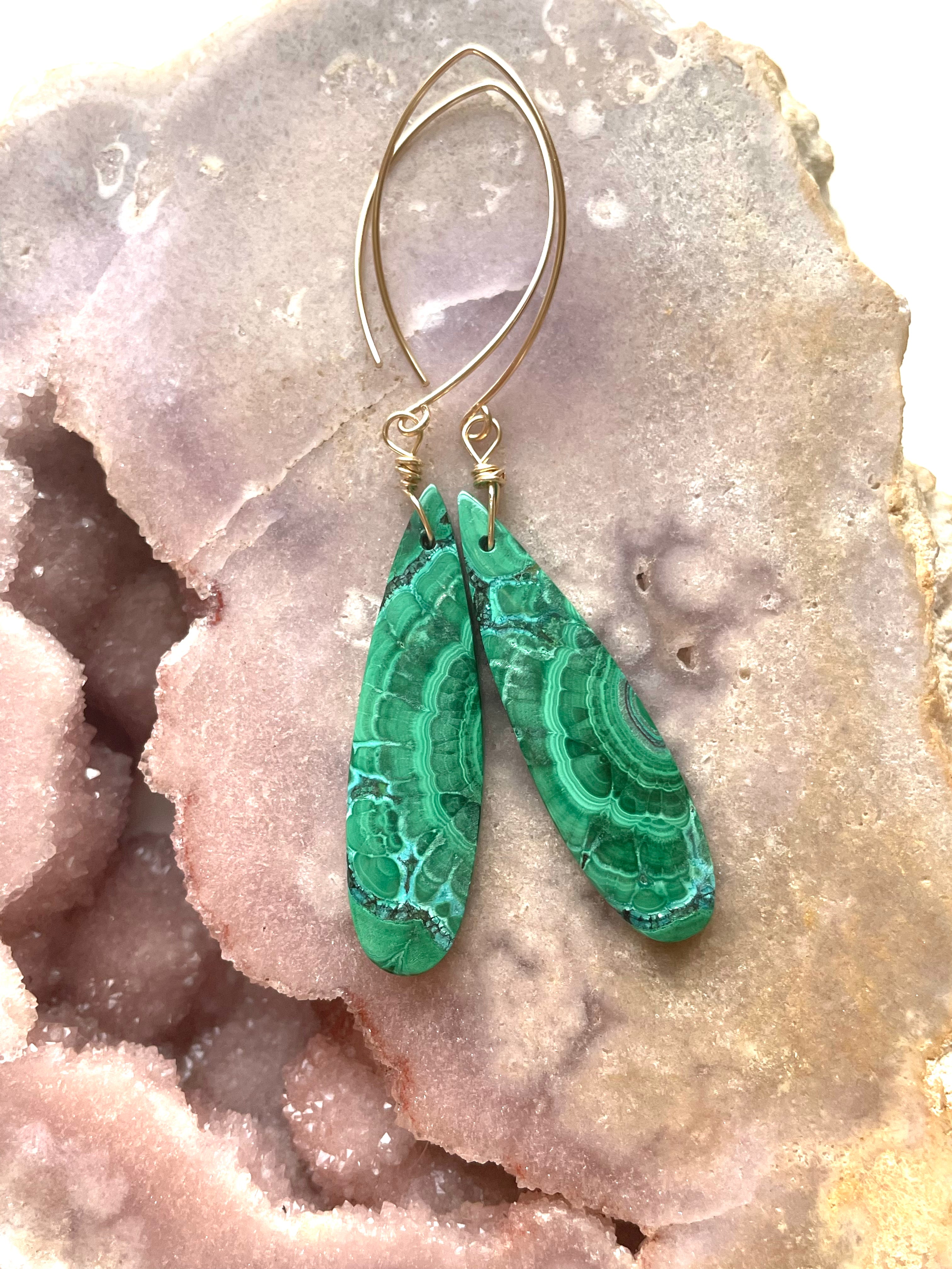 14K Gold Filled Malachite Crystal Dangle Earrings - Elegant Green Gemstone Jewelry for Women, Gift for Her, Perfect for Parties & Special Occasions