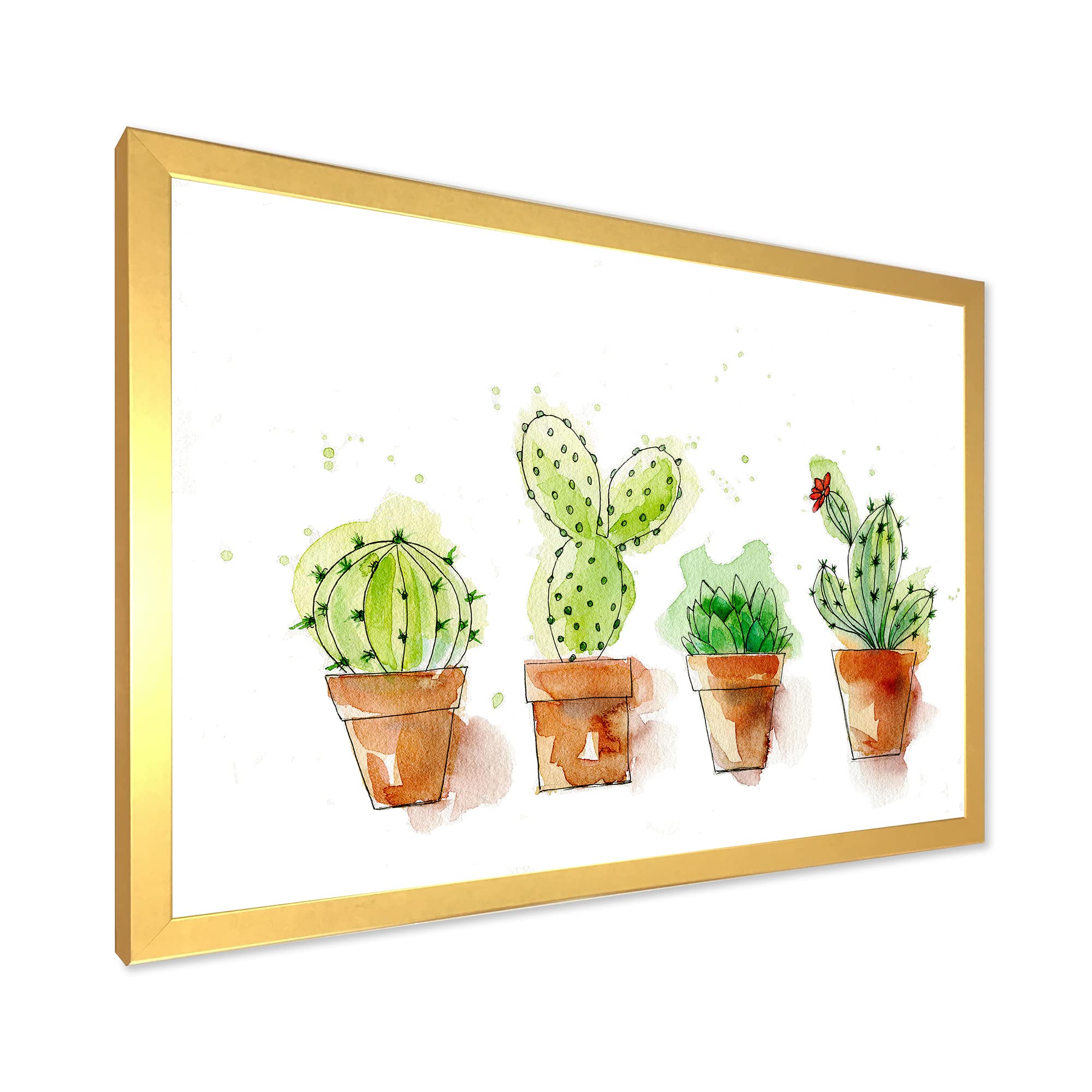 DesignQ Cacti in Ceramic Pots - Traditional Framed Wall Art for Living Room, Bedroom & Office Decor | Gentle Tone Desert Plant Painting