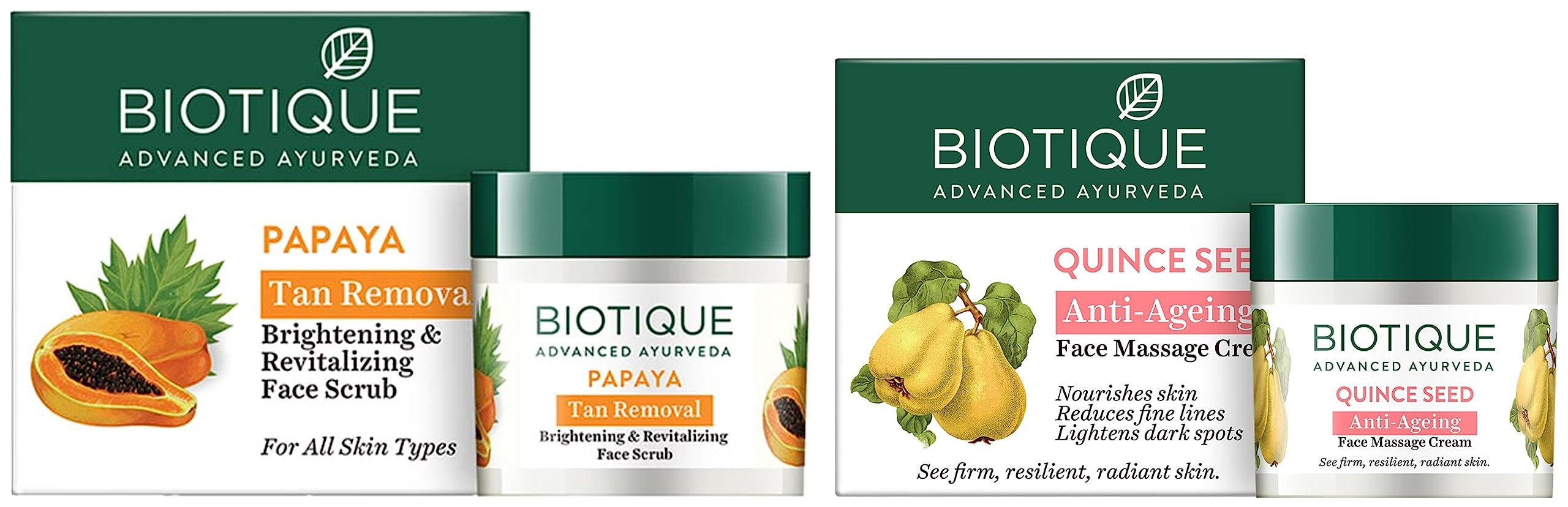 Biotique Bio Quince Seed Nourishing Face Massage Cream 50g for Normal to Dry Skin & Papaya Revitalizing Tan Removal Scrub 75g - Hydrating Skincare Set for Daily Facial Care and Glowing Complexion