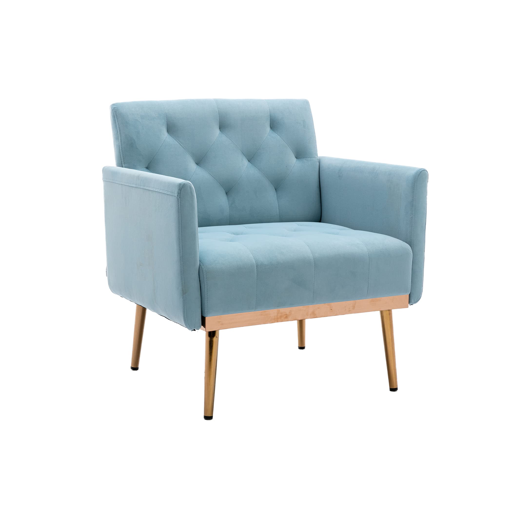 Velvet Accent Chair with Golden Metal Legs - Square Single Sofa Chair for Living Room, Bedroom, Coffee & Reception Areas - Light Blue Modern Lounge Seating for Home & Office Decor