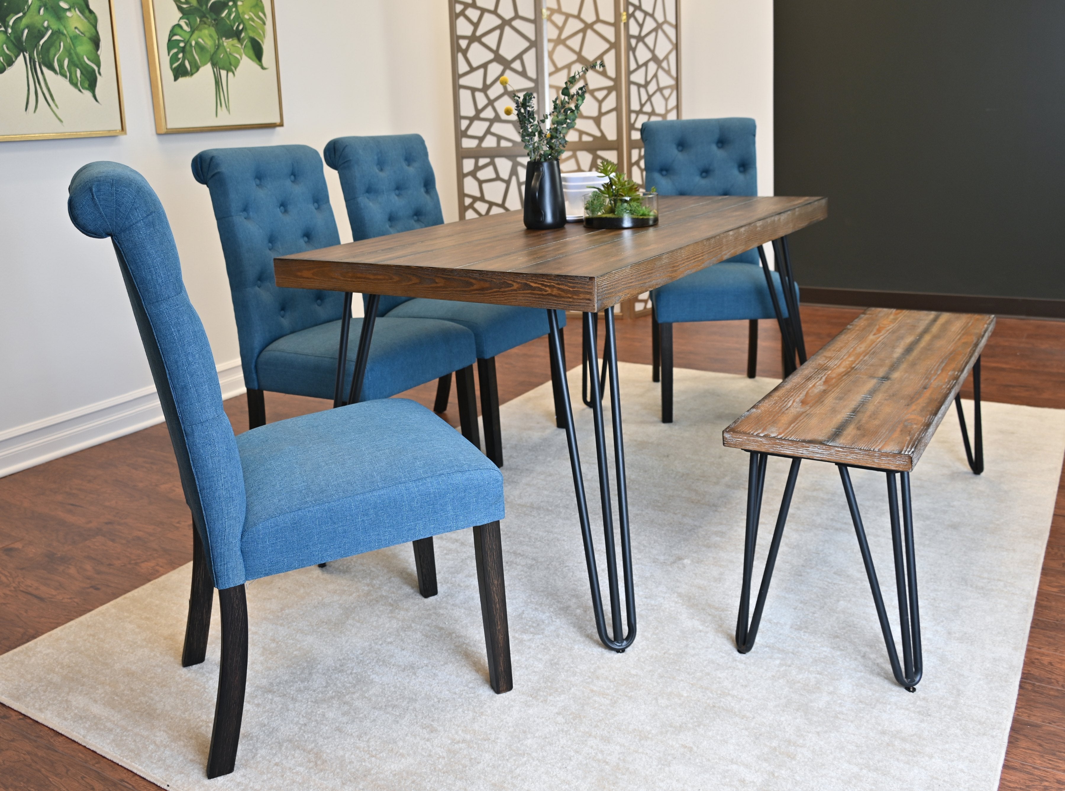 Roundhill Furniture Ashford 6-Piece Dining Set - Hairpin Leg Dining Table with 4 Chairs & Bench - Modern Kitchen & Dining Room Furniture for Small Spaces