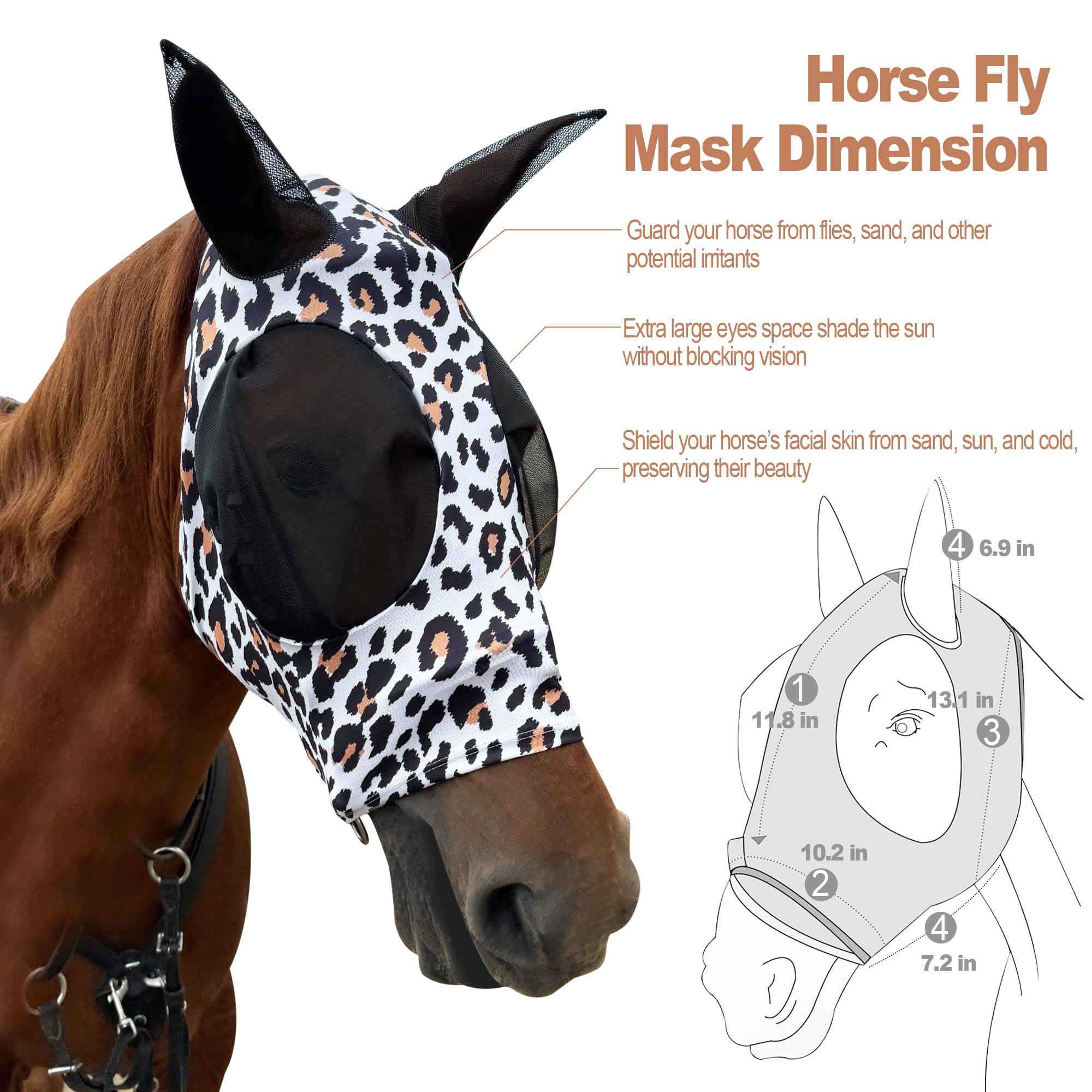 Breathable Horse Fly Mask with Ears - UV Protection Equine Fly Mask for Sunlight & Insects, Large Eye Space Elastic Fabric Funny Leopard Print Mask for Average Size Horses - Perfect for Pasture, Riding & Outdoor Activities