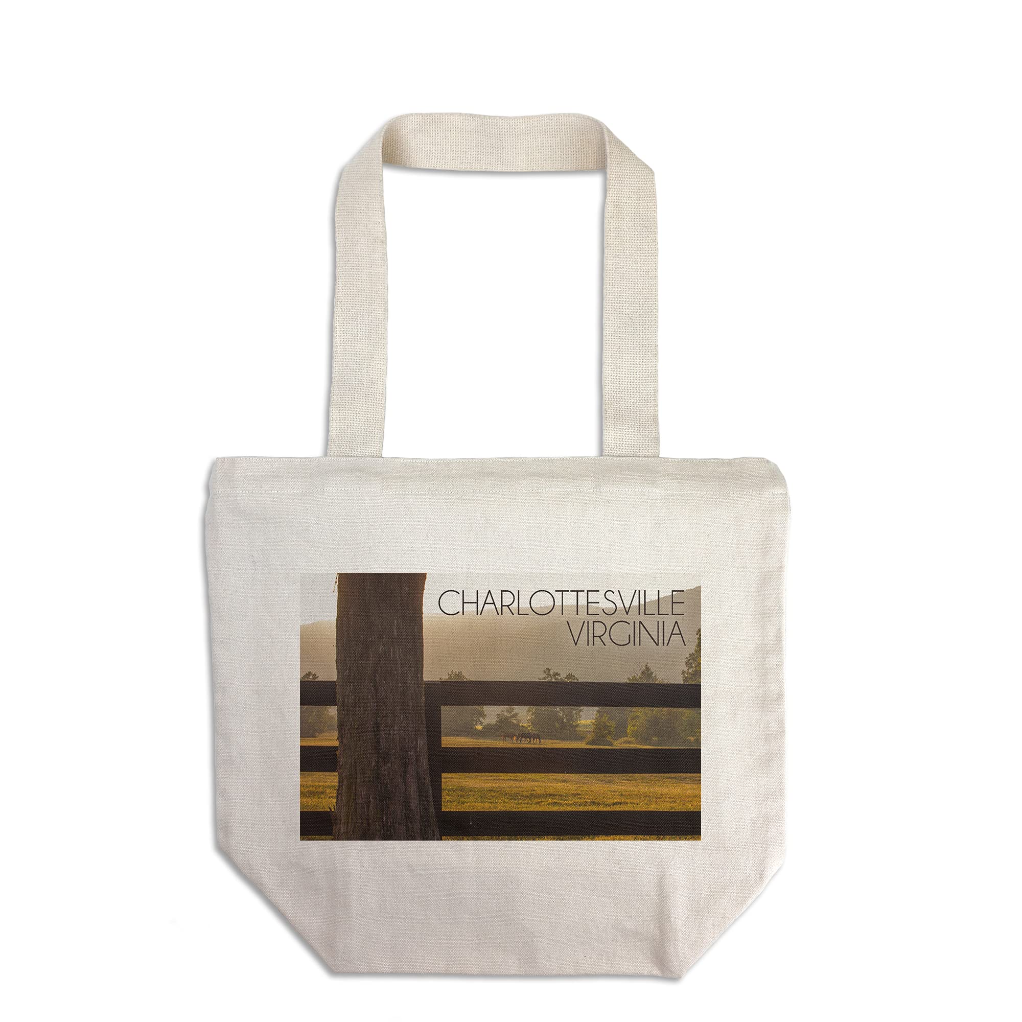 Lantern Press Charlottesville Virginia Horses and Fence 100% Cotton Canvas Reusable Tote Bag - Eco-Friendly Shopping Bag for Groceries, Beach, Work & Travel