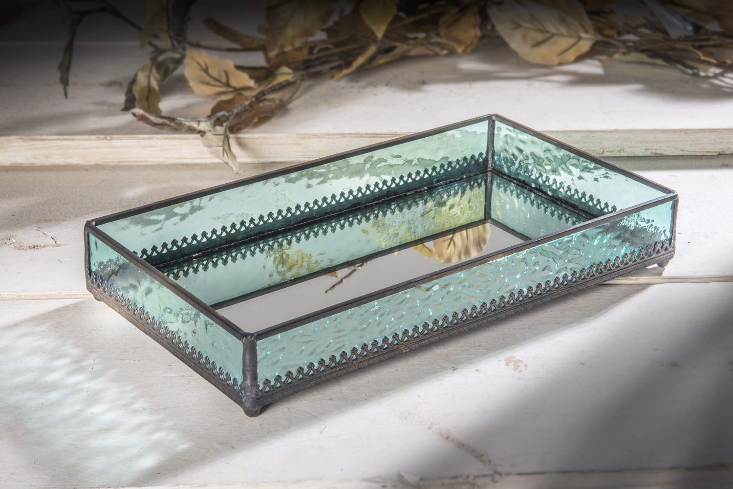 Turquoise Blue Glass Tray with Mirrored Bottom - Jewelry & Makeup Organizer for Bathroom Vanity & Dresser