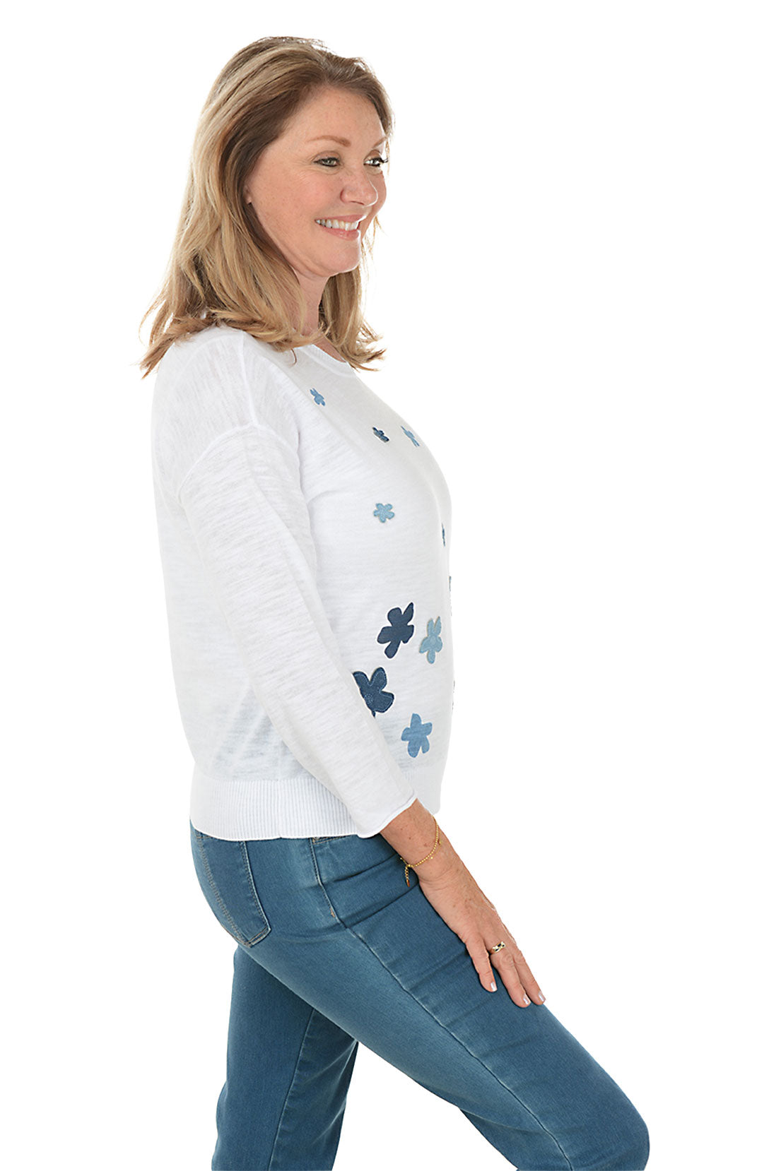 Floral Denim Applique Sweater for Women - Stylish Embroidered Knit Top for Casual Outfits & Spring Fashion