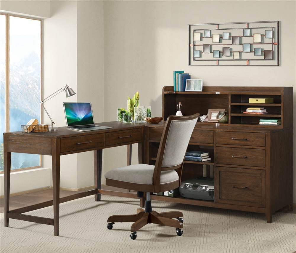 Riverside Furniture Vogue Upholstered Wood Desk Chair in Plymouth Brown Oak - Ergonomic Office Chair for Home & Workspace