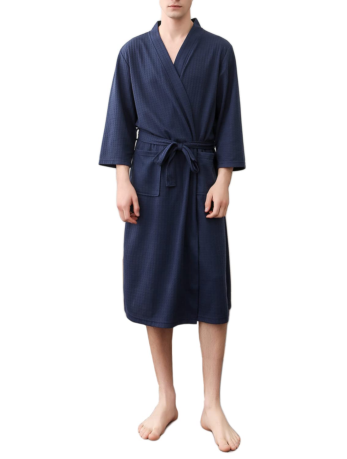 Rojeam Men's Kimono Waffle Robe - Lightweight Soft Unisex Bathrobe with Pockets for Spa, Sleepwear & Lounge Wear - Knee Length Comfortable Cotton Blend Robe for Home Relaxation & Gift Giving