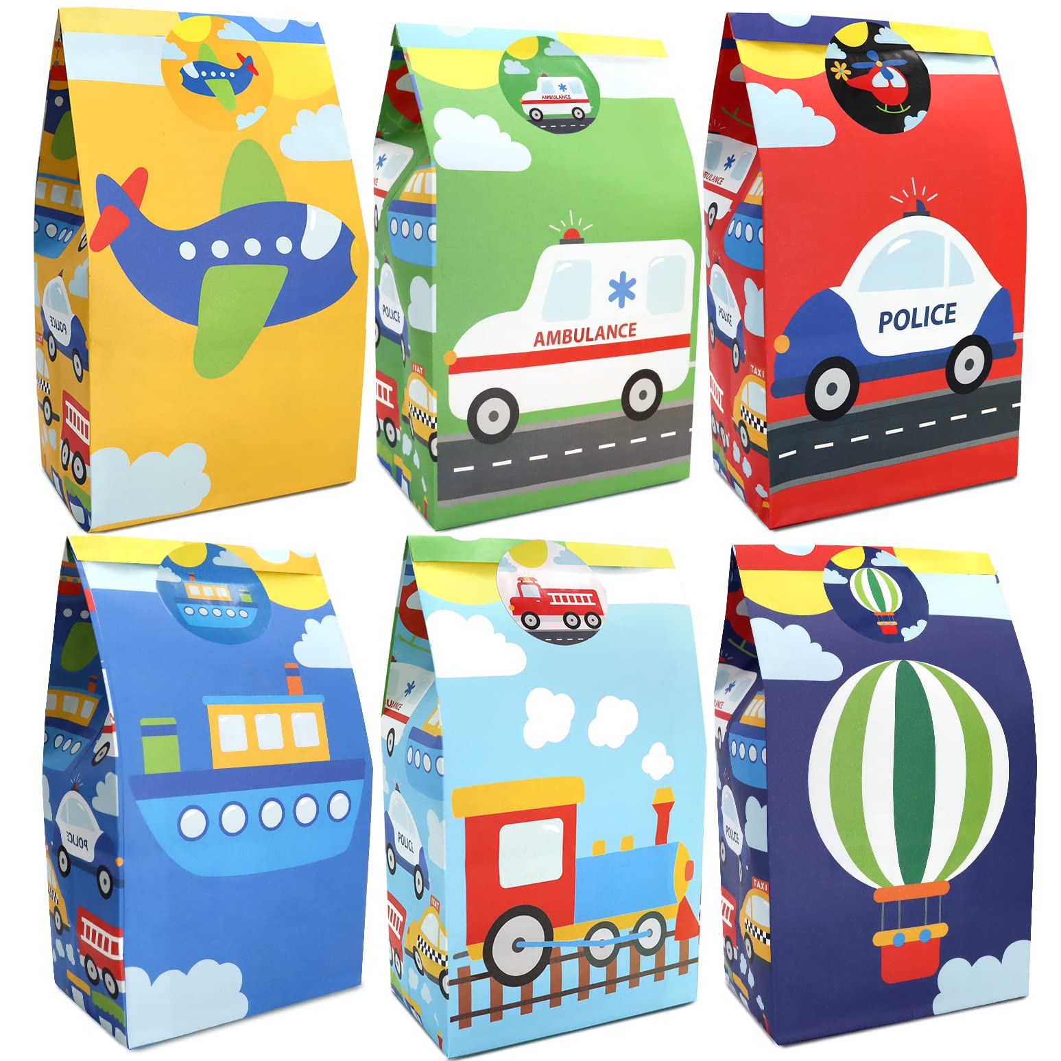 HaPiBiDesign 24 PCS Transportation Party Favor Bags with Stickers - Kids Birthday Party Supplies, Traffic Theme Goodie Bags for Candy & Treats - Perfect for School Events, Baby Showers & Themed Celebrations