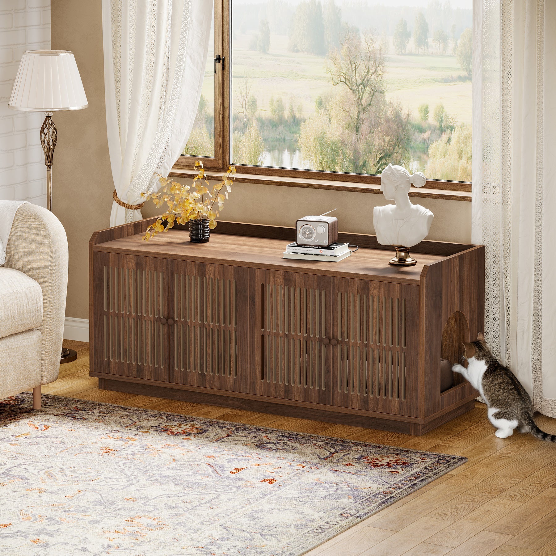 55L Cat Litter Box Furniture Enclosure with 2 Storage Cabinets & Side Entry - Modern Hidden Litter Box Solution for Home, Apartment, or Office