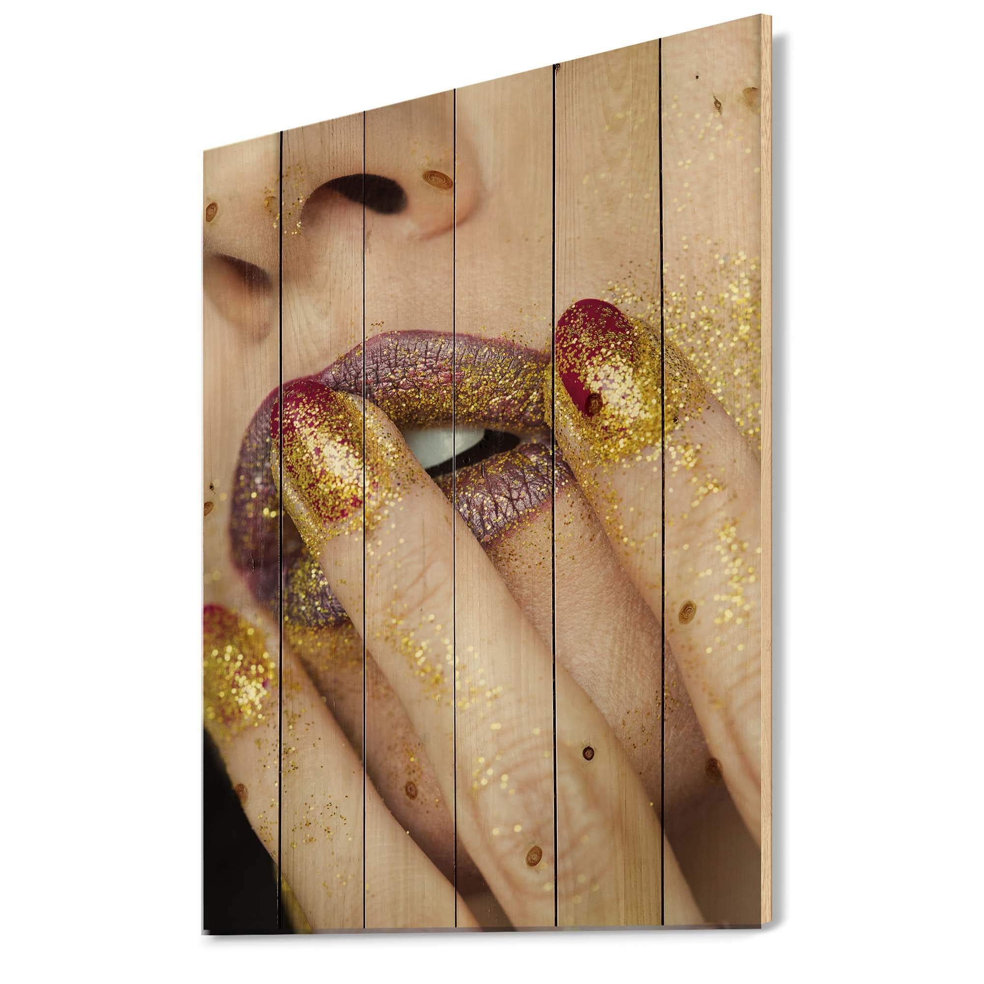 Golden Glitter Lipstick Wood Wall Art - Modern Pine Decor for Living Room
