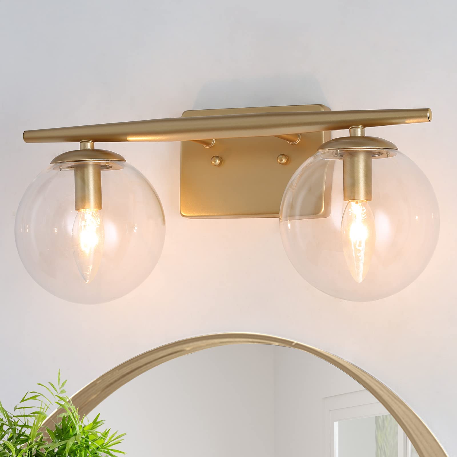 Gold Bathroom Vanity Light Fixtures - 2-Light Modern Sconce with Clear Glass Globes, 16