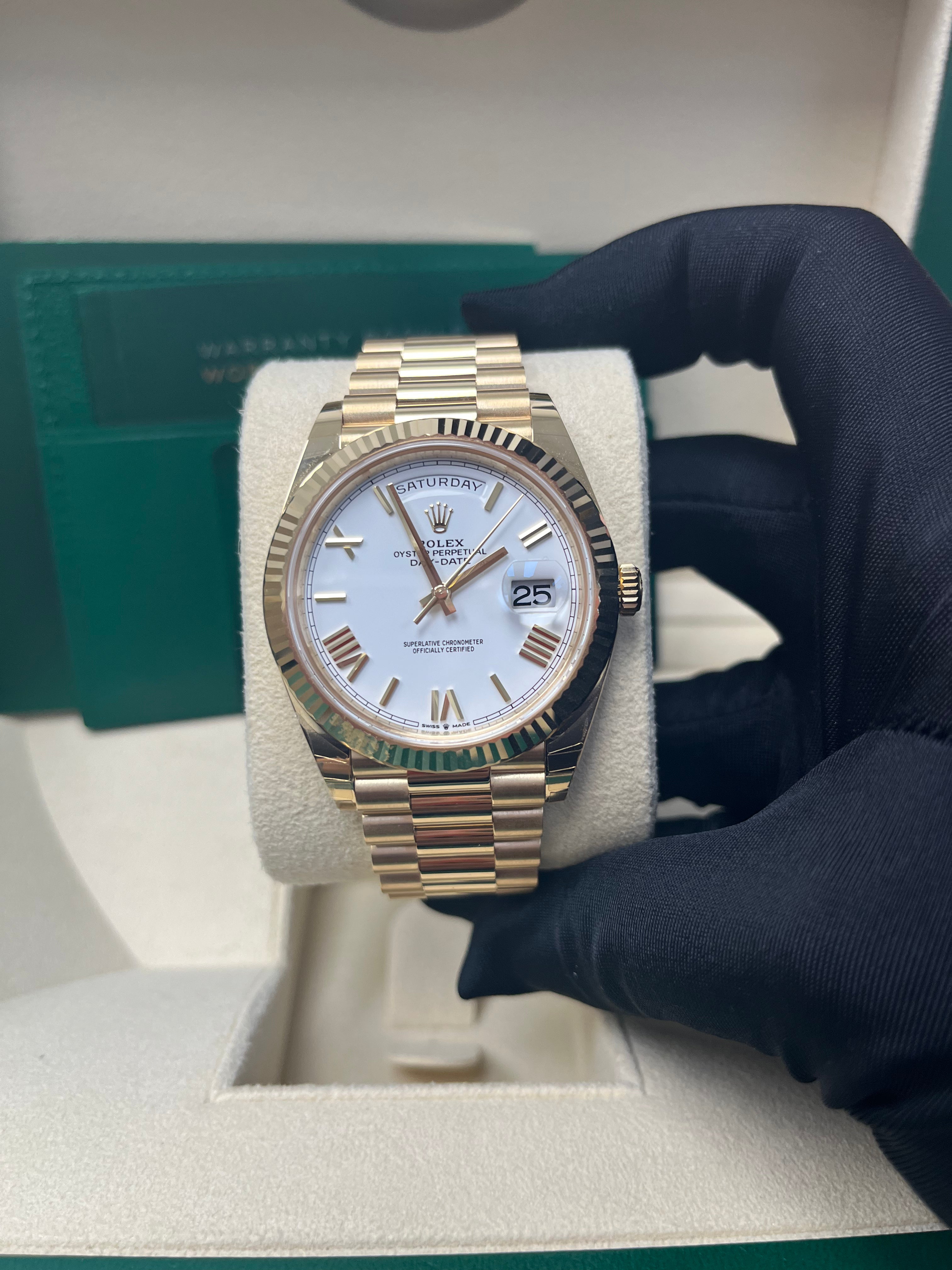 Rolex Day Date 40mm Men's Watch - 18K Yellow Gold, White Roman Dial, Fluted Bezel (Ref# 228238) | Luxury Dress Watch for Business & Formal Occasions