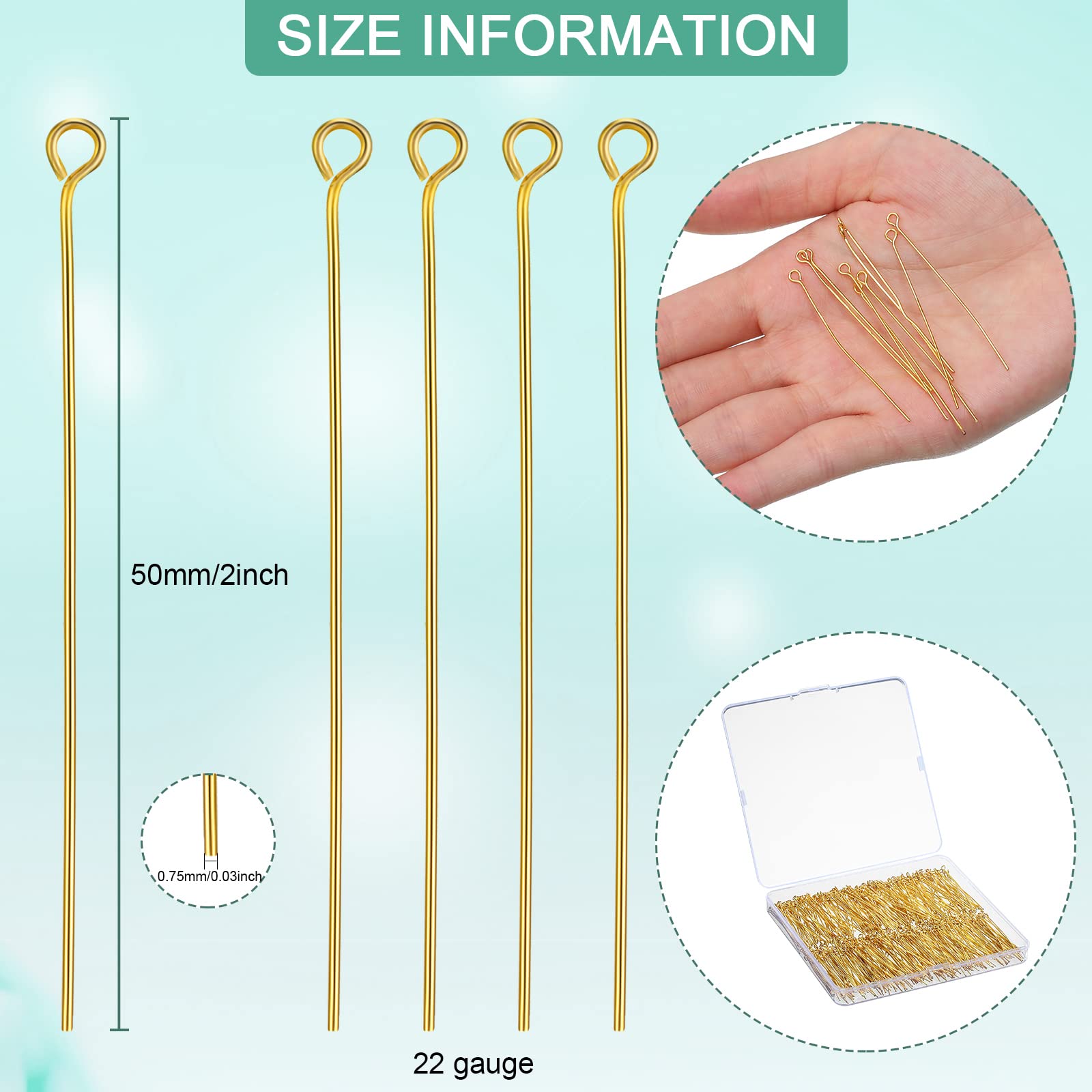 Sureio 500 Pieces 2 Inch (50mm) Gold Eye Pins for Jewelry Making - DIY Earring Headpins, Craft Supplies for Bracelets, Necklaces & Pendants - Perfect for Beading, Wire Wrapping & Handmade Jewelry Designs