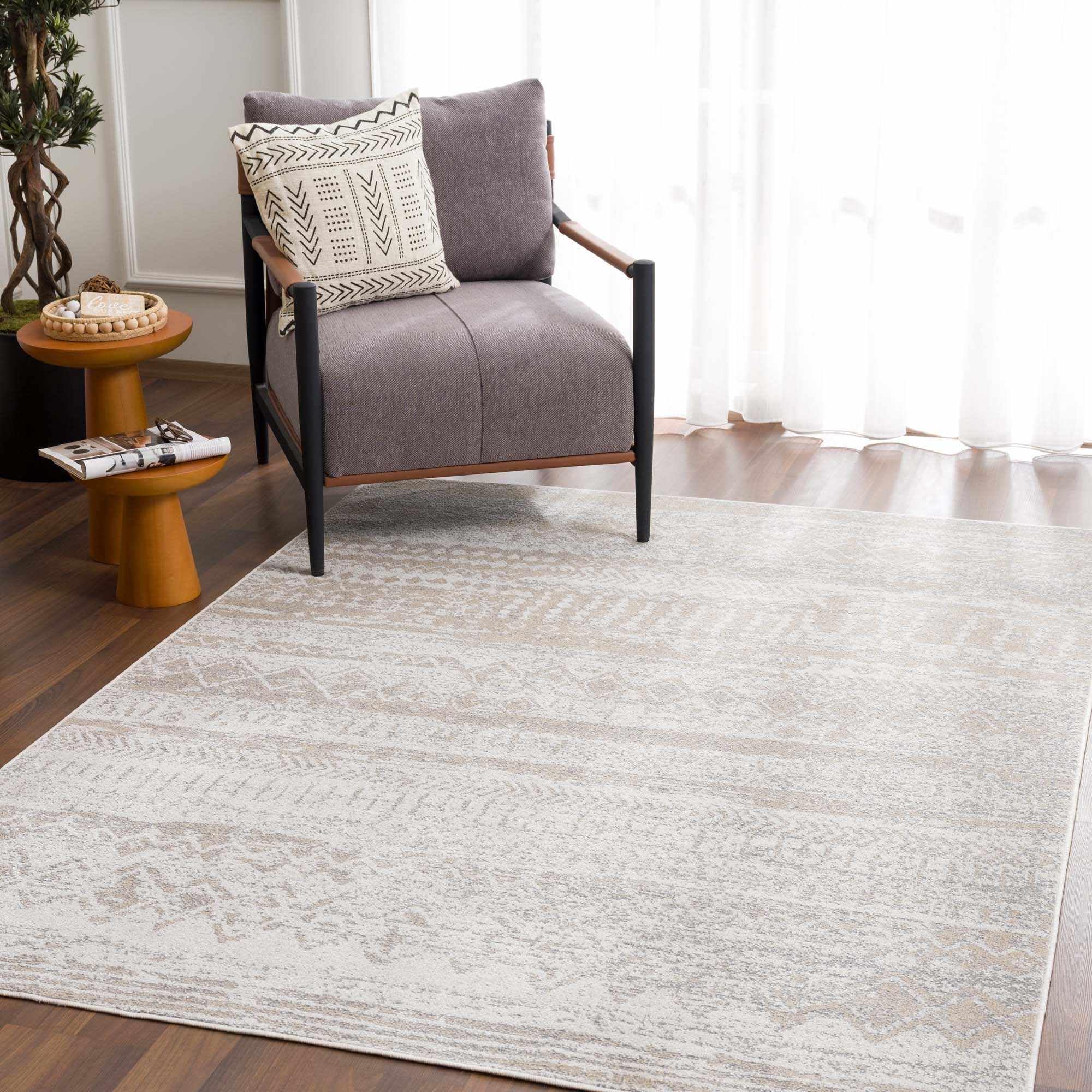 Hauteloom Tupsan Washable Area Rug for Living Room & Bedroom - Soft Beige & Gray - 6'7