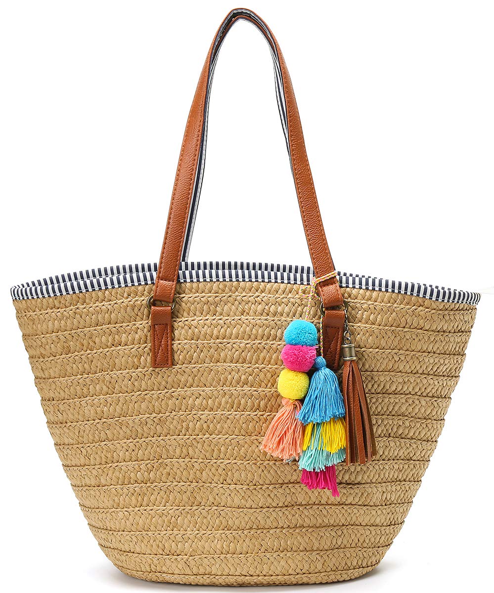 Stylish Straw Beach Tote Bag with Tassels & Pom Poms - Handwoven Summer Shoulder Purse for Women | Perfect for Beach Vacations, Pool Parties & Boho Outfits