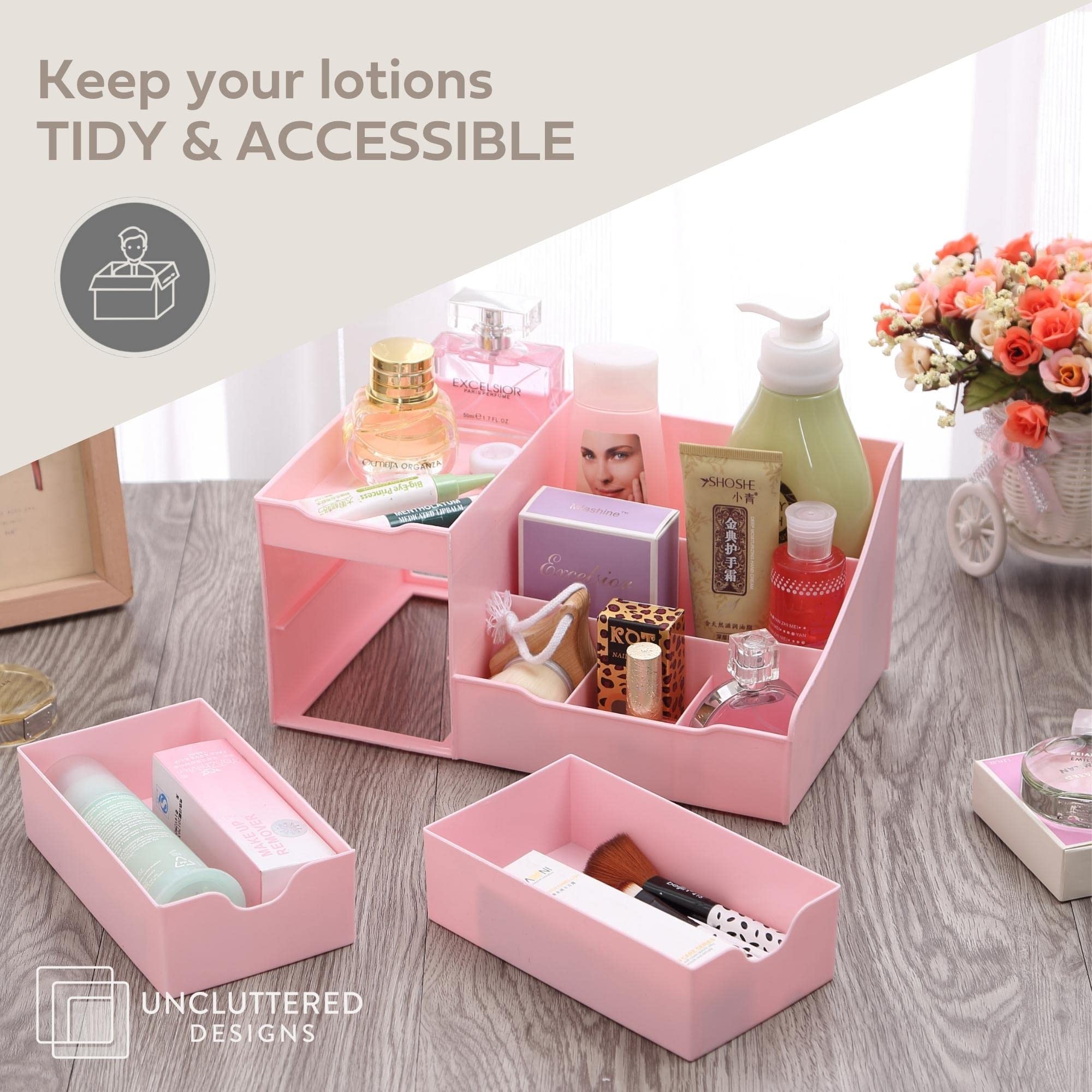 Kawaii Makeup Organizer with Drawers - Pink Cosmetic Storage for Vanity, Perfume, Skincare, Brushes & Lipstick | Compact Countertop Organizer for Nail Polish & Beauty Accessories | Perfect for Bedroom, Bathroom & Travel