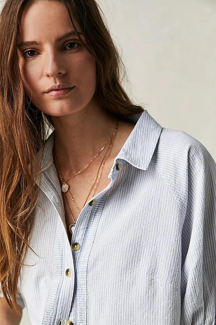 Free People Women's Ellie Stripe Top - Blue Combo Striped Casual Blouse for Summer, Beach & Boho Style Outfits