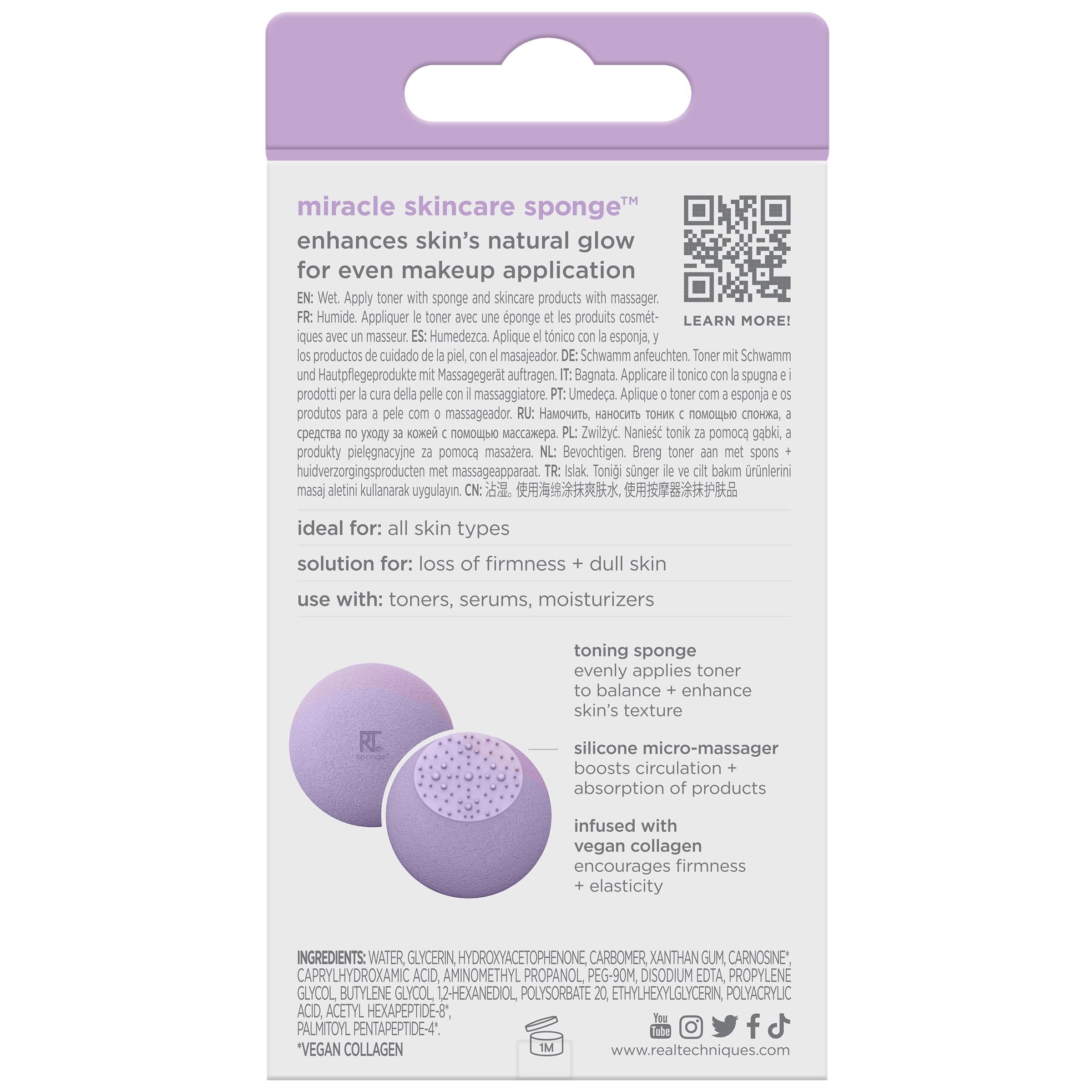 Real Techniques Miracle Skincare Sponge - Vegan Collagen Infused Beauty Blender for Face Makeup & Skincare, Reusable Makeup Sponge for Liquid Foundation, Serums & Moisturizers - Cruelty Free & Vegan (Purple, 1 Count) | Perfect for Daily Makeup Application & Flawless Blending
