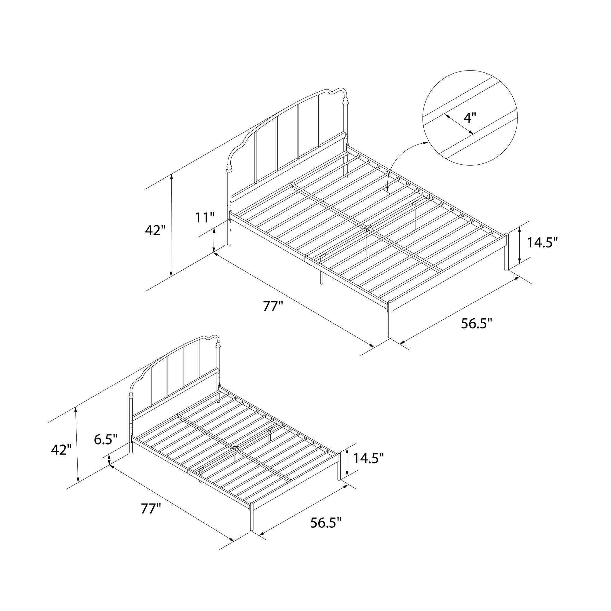 REALROOMS Camie Metal Platform Bed Frame with Adjustable Height, No Box Spring Required, Full Size, White - Perfect for Modern Bedrooms, Guest Rooms & Small Spaces