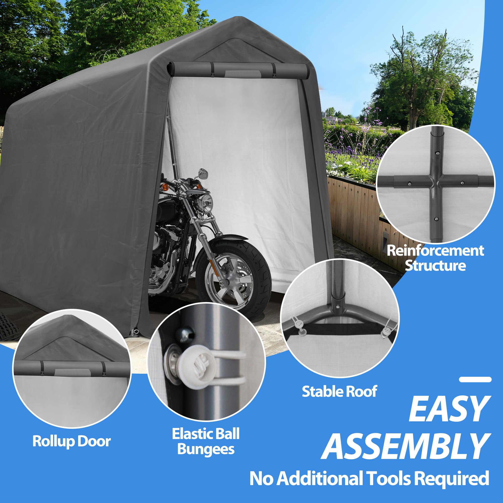 6x7Ft Heavy Duty Waterproof Outdoor Storage Shed - Portable Shelter with Roll-up Ventilated Door for Motorcycle, Firewood & Garden Tools - Perfect for Backyard, Garage & Patio Organization
