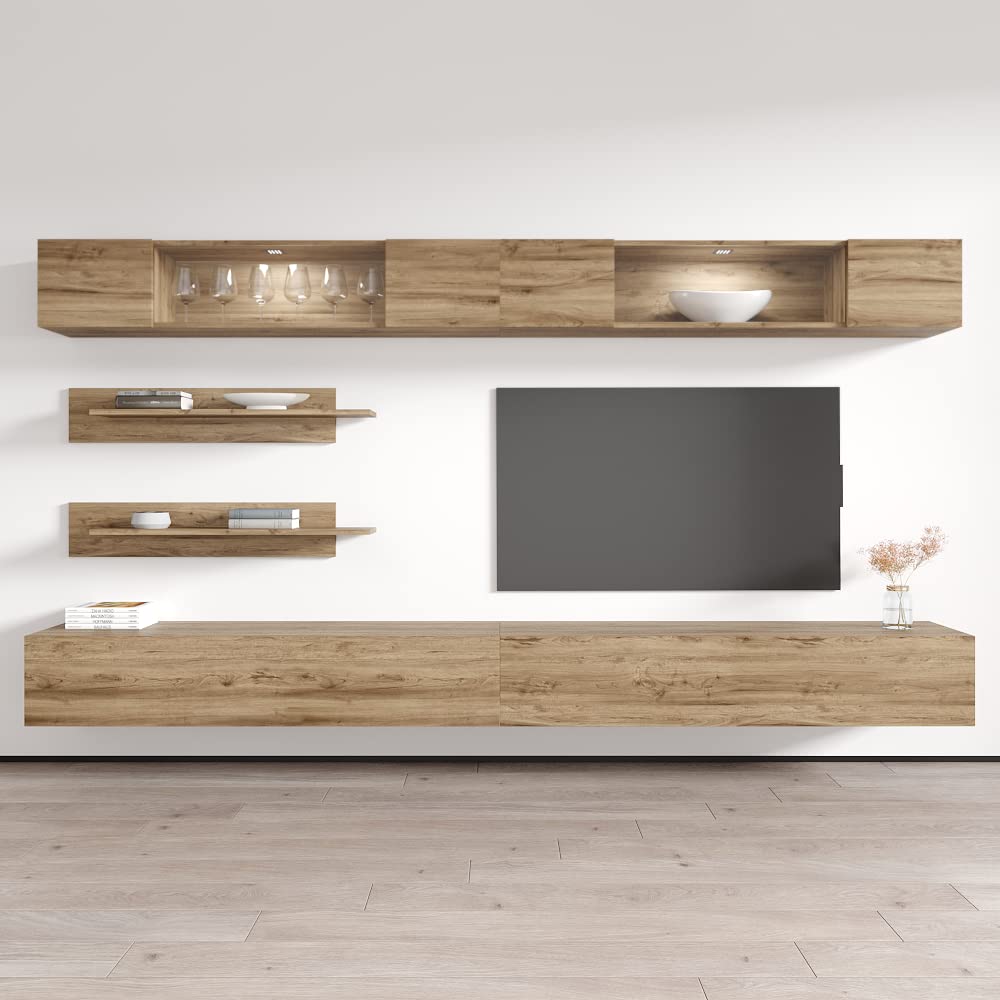 Modern Floating TV Stand with Storage & LED Lights - Wall-Mounted Entertainment Center for Living Room & Bedroom - Oak Wood TV Console with Shelves - Perfect for Small Spaces & Home Theater Setup