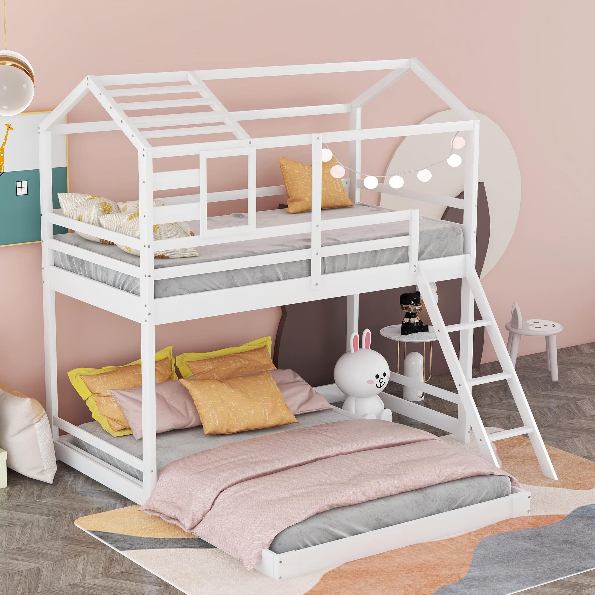 Solid Wood Twin Over Full Bunk Bed with Ladder & Window - Full-Length Guardrail, White - Perfect for Kids' Bedroom, Guest Room & Space-Saving Solutions