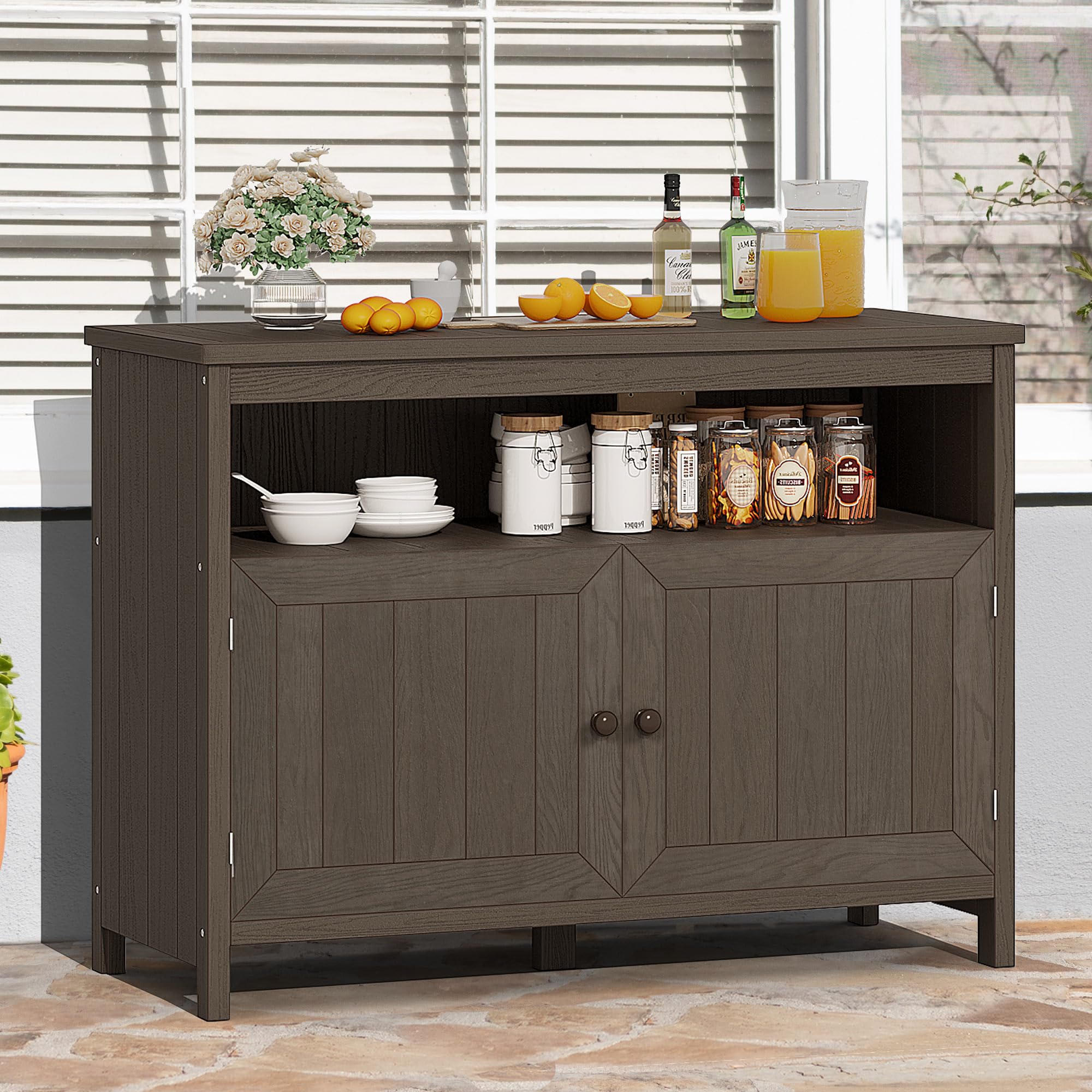 DWVO Poly Lumber Outdoor Sideboard - Weather Resistant Patio Bar Table with Storage Shelves, Espresso Cabinet for Poolside, Garden & Backyard Entertaining - Perfect for Outdoor Dining, BBQ Parties & Poolside Storage