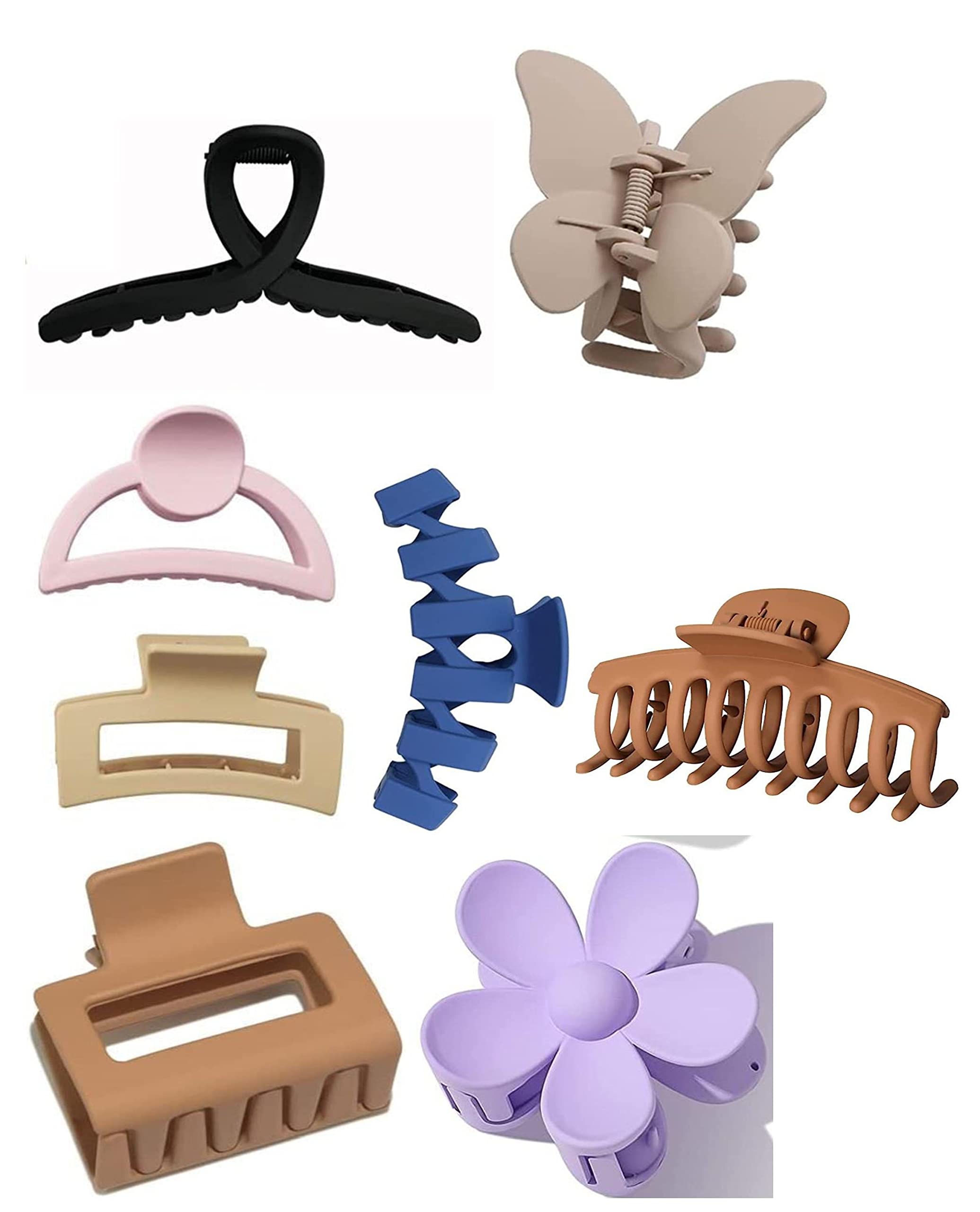 8PCS Matte Large Claw Hair Clips - Strong Hold Non-Slip Hair Accessories Set with 8 Styles (Flower, Square, Butterfly, Banana Clip) for Women & Teens - Perfect for School, Work, Gym and Everyday Hairstyles