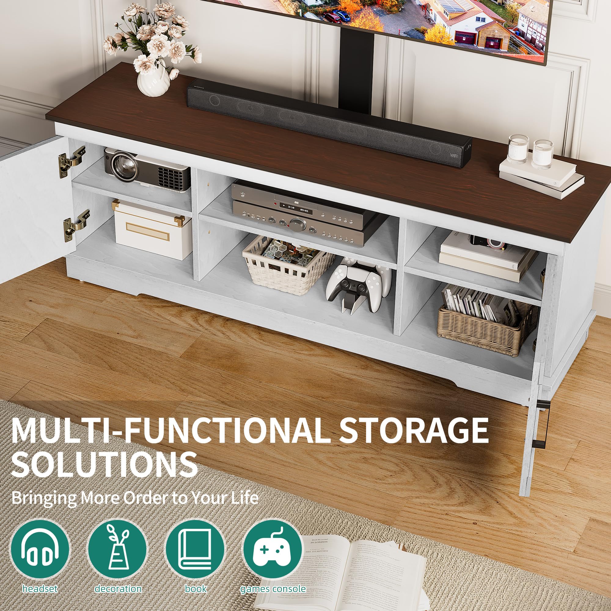 YITAHOME Farmhouse TV Stand with Mount - Sturdy Entertainment Center for 32-70 Inch TVs, Adjustable Shelf Media Console in Grey White/Espresso - Perfect for Living Room, Home Theater & Family Entertainment Spaces