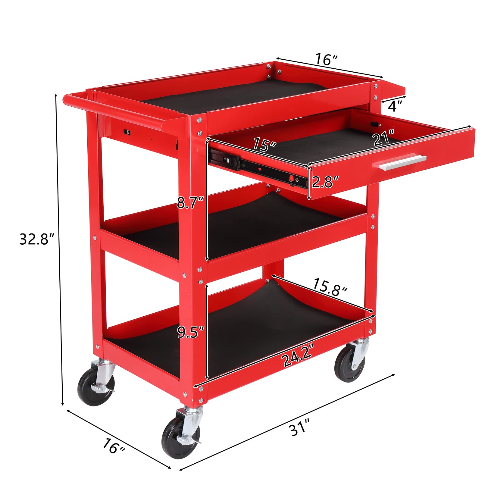 TUFFIOM 3-Tier Heavy Duty Rolling Tool Cart with Drawer & 2 Brake Wheels - 330 LBS Capacity Industrial Utility Cart for Mechanics - Perfect for Garage, Warehouse & Auto Repair Shop Organization