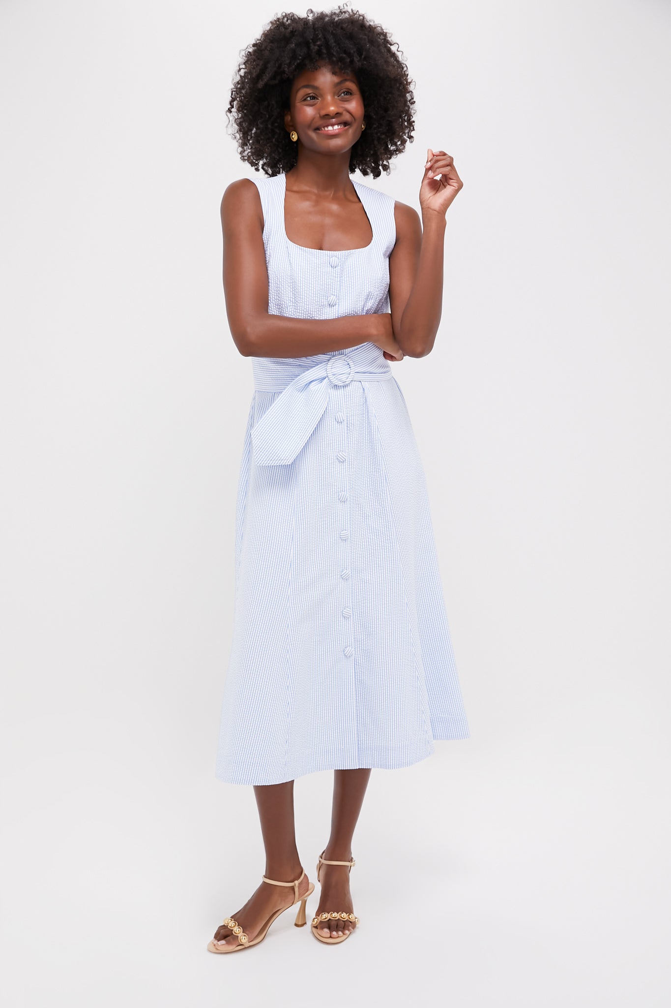 Blue Seersucker Delta Dress for Women - Lightweight Summer Sundress with Ruffles - Perfect for Beach Vacations, Garden Parties & Brunch Dates