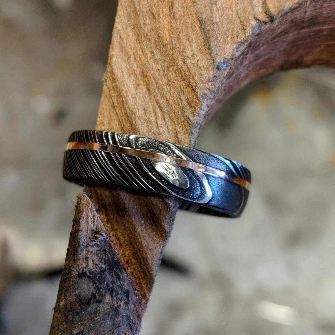 Handmade Damascus Steel Ring with Copper Inlay - Custom KE-208-AT Wedding Band for Men, Unique Father's Day Gift, Durable Stainless Steel Jewelry for Everyday Wear & Special Occasions