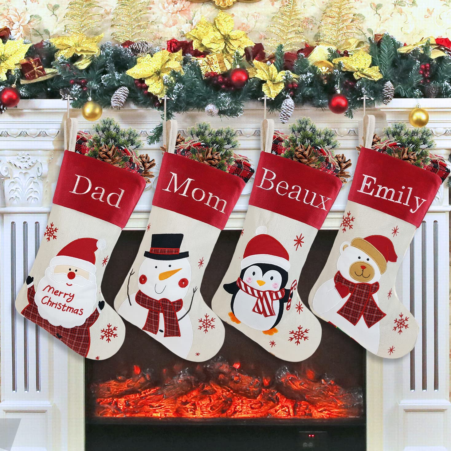 Personalized Christmas Stockings with Embroidered Names - Custom Holiday Gift Bags & Stocking Holders for Fireplace (5-Penguin Design) - Perfect for Family Gifts, Christmas Decor & Fireplace Mantel Decorations
