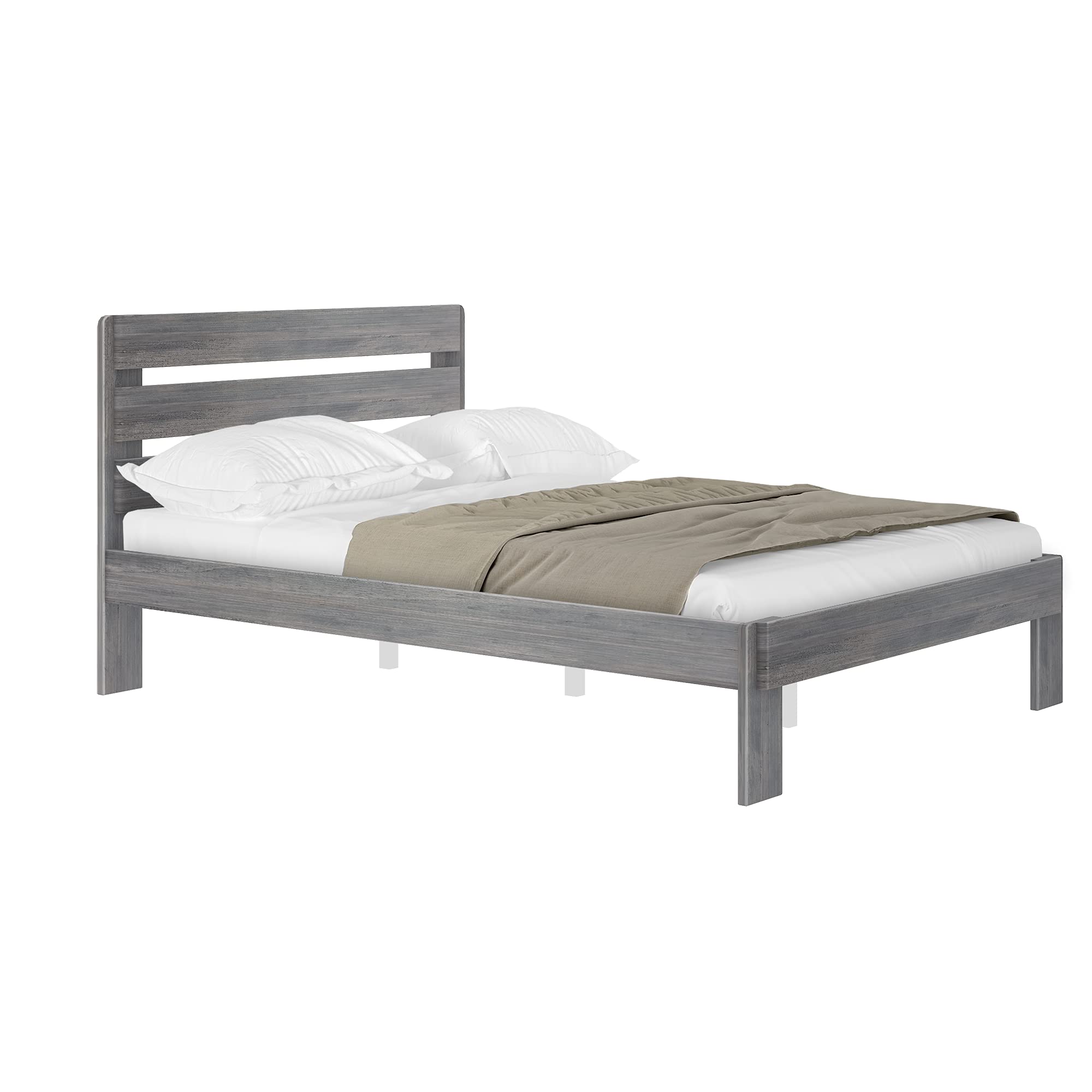 Rustic Wood Queen Bed Frame with Headboard - Solid Platform Bed, Slatted Design, Driftwood Finish | Perfect for Farmhouse, Coastal & Modern Bedroom Decor