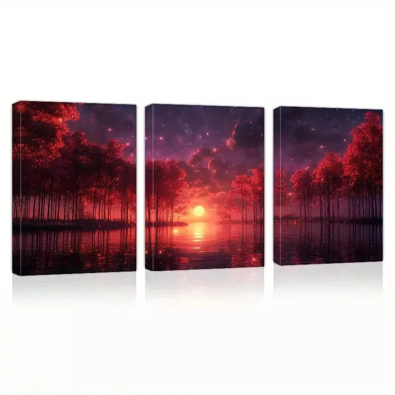 3pcs Charming Lake Red Trees Sunset View Wall Art Canvas Set - Framed 40x60cm High Quality Print | Australian Made Ready-to-Hang Decor for Living Room, Bedroom & Office