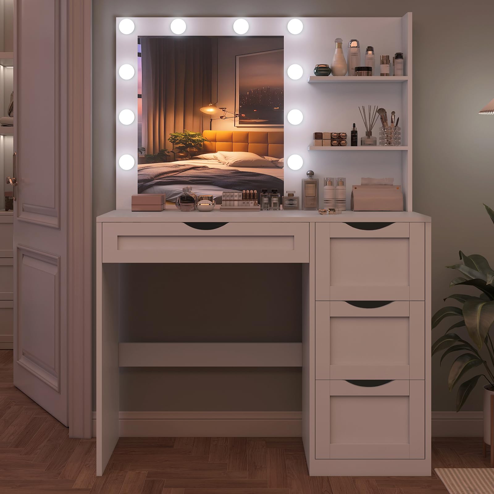 USIKEY White Makeup Vanity Desk with LED Mirror & 10 Adjustable Lights - 4 Drawers, 2 Storage Shelves, 3 Color Modes - Perfect Dressing Table for Bedroom, Home Salon & Beauty Room Organization