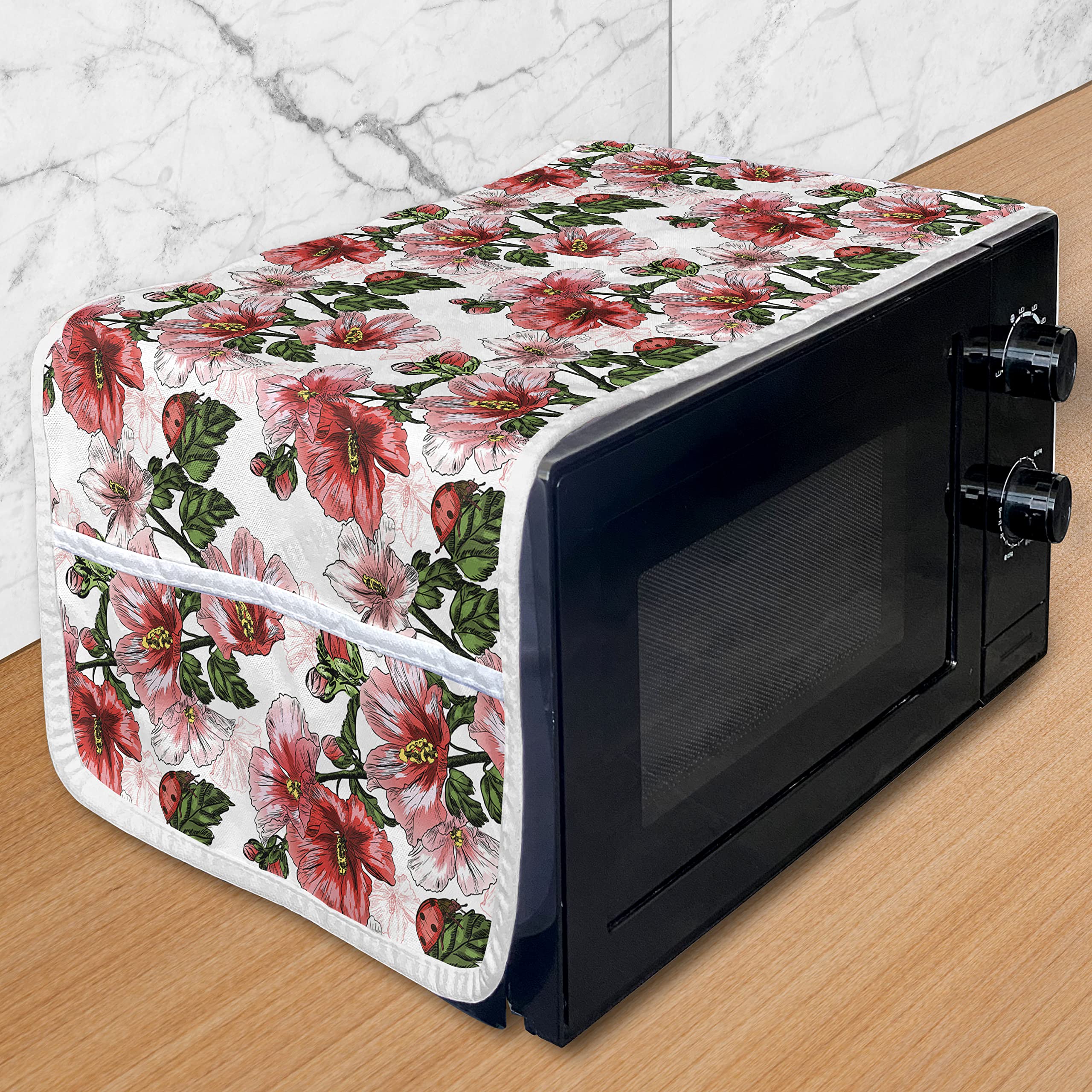 Ambesonne Ladybugs Microwave Cover - Waterproof Kitchen Organizer with Pockets, Exotic Hibiscus Flowers & Botanical Spring Design, 36