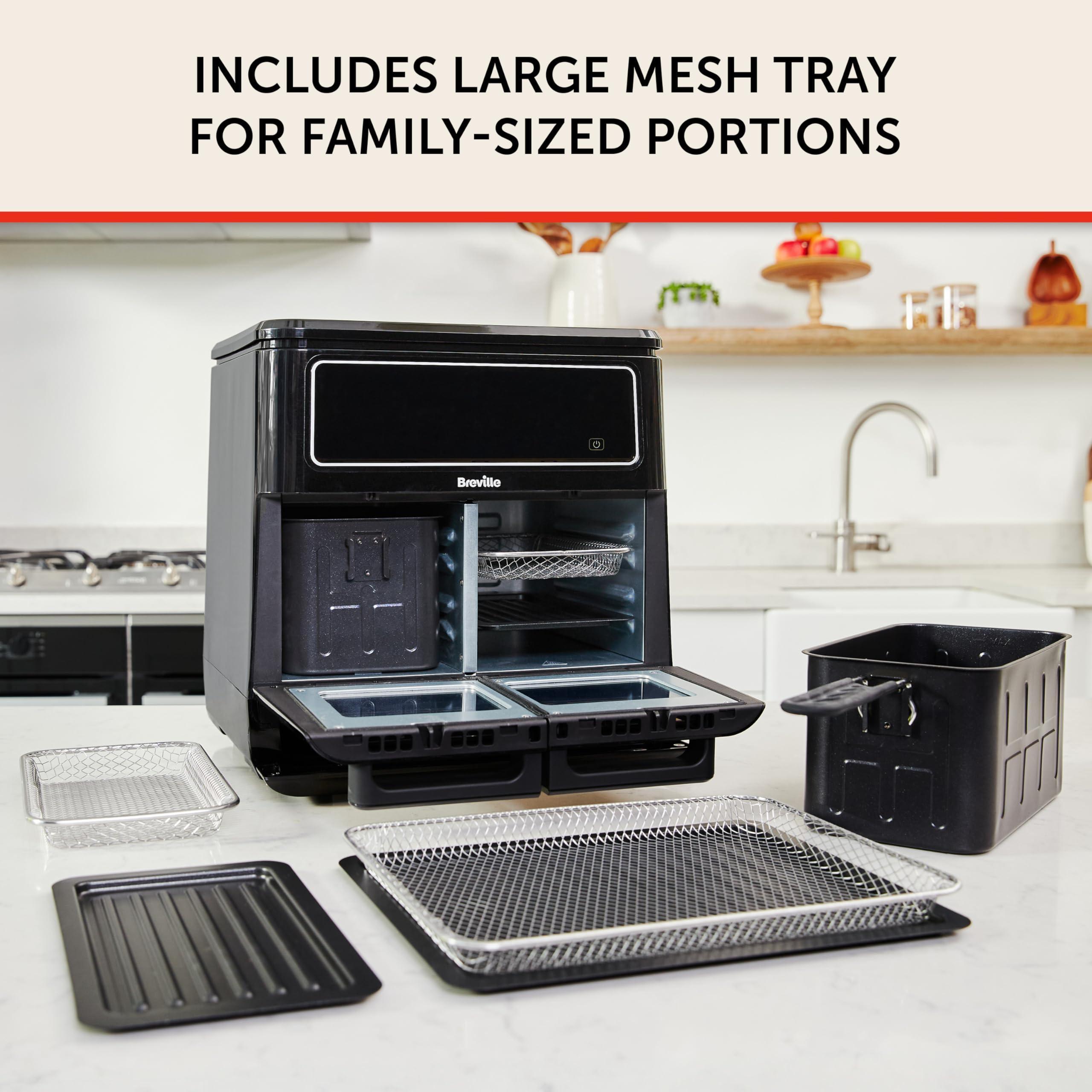 **Breville Halo Flexi Air Fryer & Large Mesh Tray – 11L Digital Dual Air Fryer Oven, 2400W – Fry, Bake, Grill, Roast & Reheat – Energy Efficient (Save £65/Year) – Black [VDF138] – Perfect for Family Meals, Quick Snacks & Healthy Cooking**