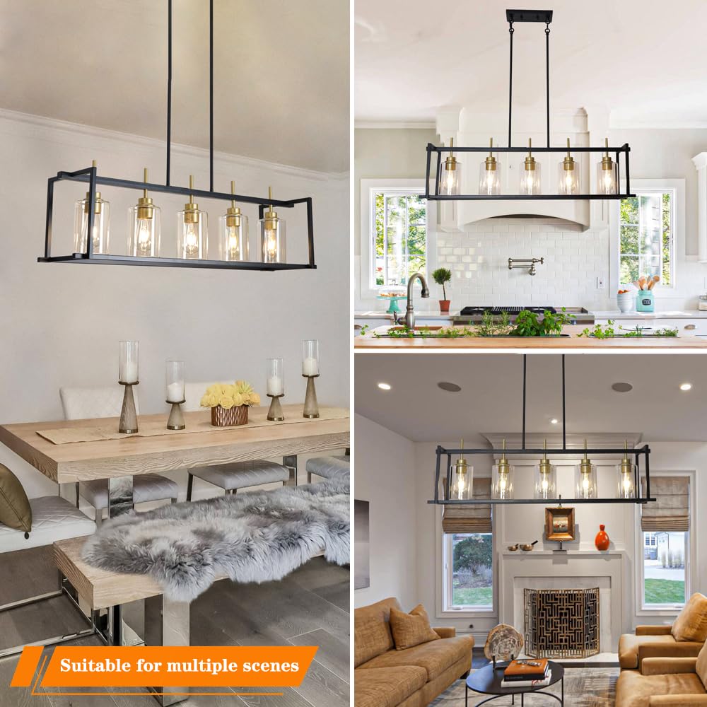 DSMJFU Farmhouse Chandelier - 5-Light Black & Gold Rustic Rectangular Pendant Light for Kitchen Island & Dining Room | Perfect Over Tables & Breakfast Bars | Creates Cozy Farmhouse Ambiance