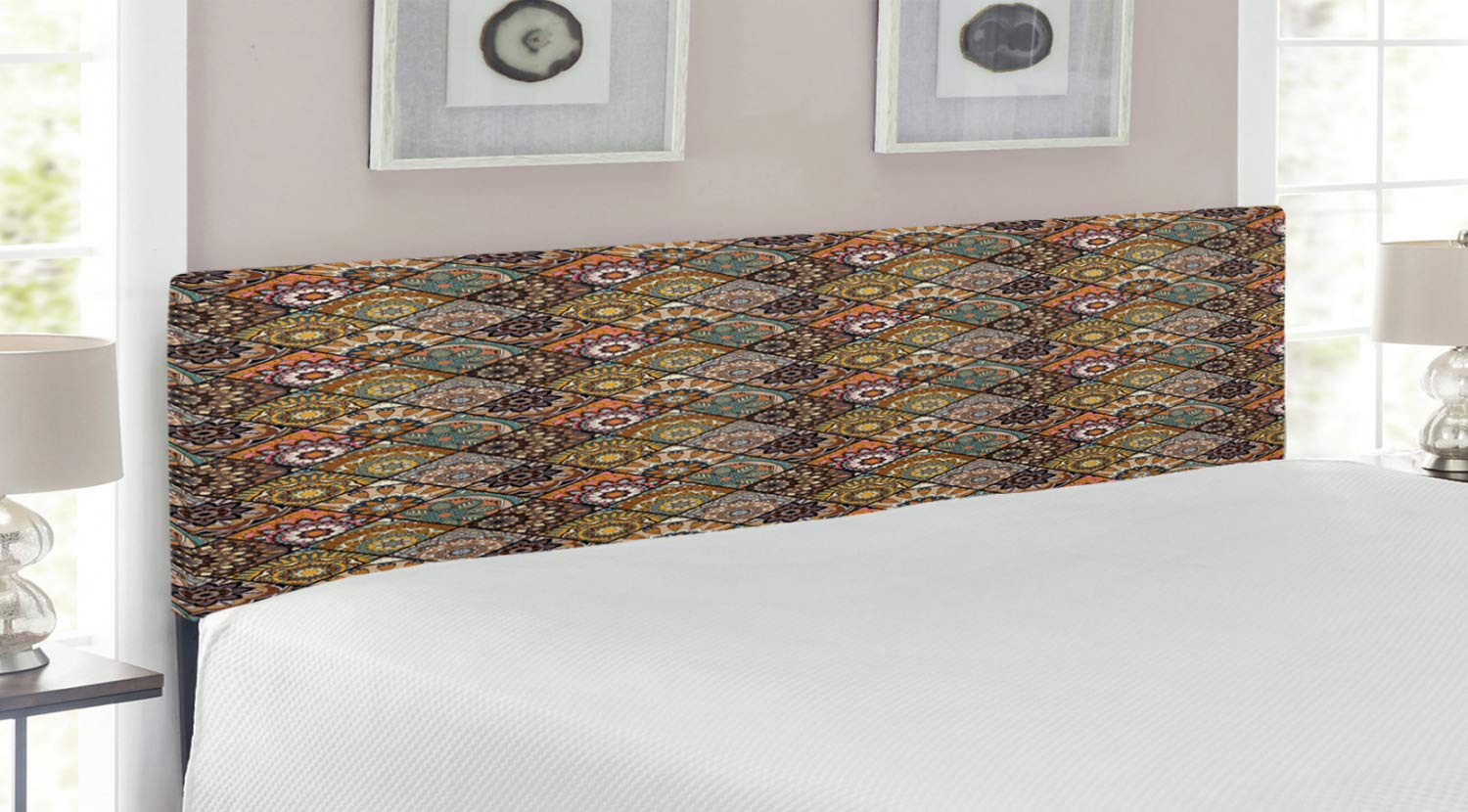 Ambesonne Moroccan King Size Upholstered Headboard - Vintage Mandala Checkered Design with Memory Foam | Decorative Metal Bed Frame for Bohemian & Ethnic Bedroom Decor | Perfect for Master Bedrooms, Guest Rooms & Airbnb Styling
