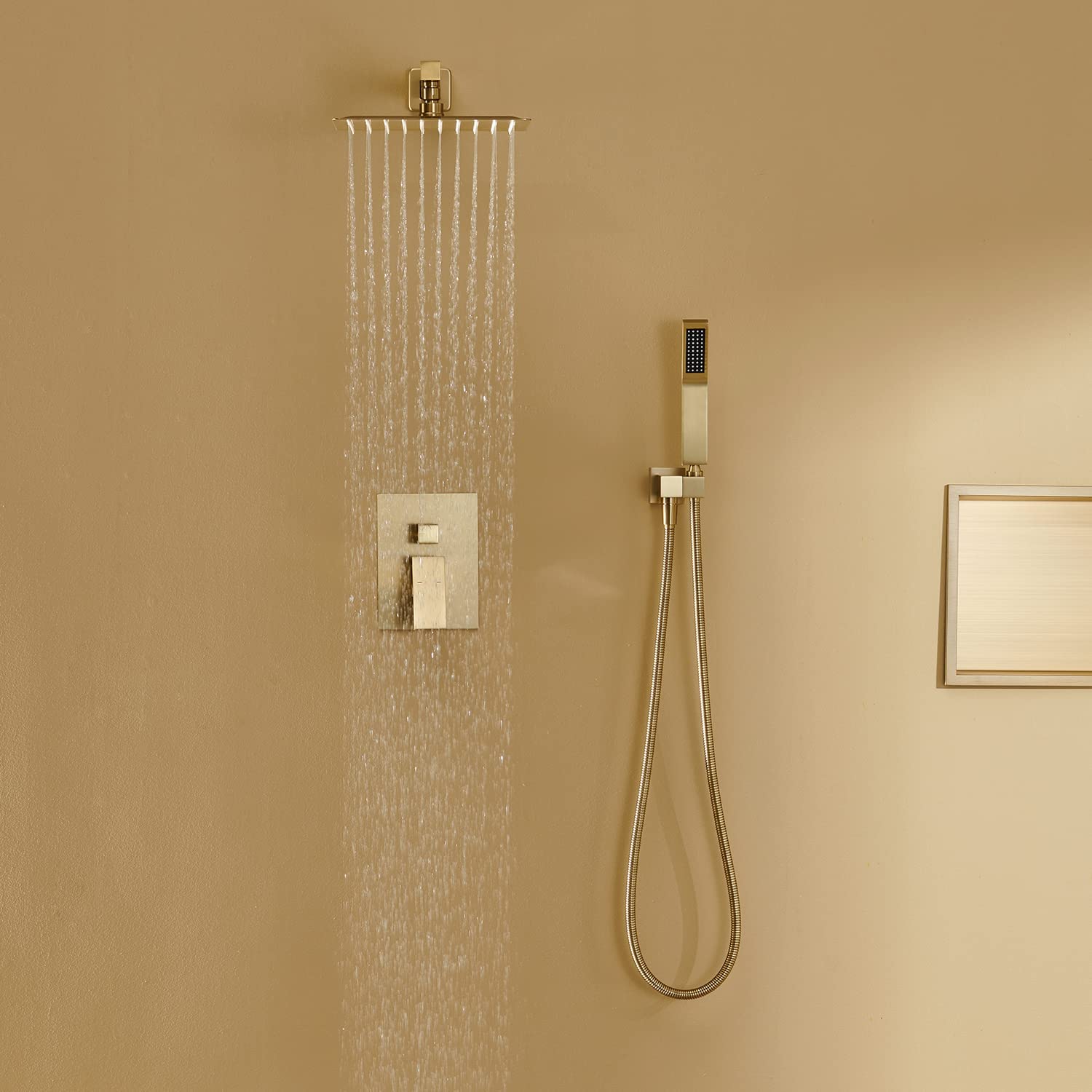 10 Inch Brushed Gold Wall Mount Rain Shower Combo Set - Rainfall Shower Head & Handheld Shower for Luxurious Bathroom Experience | Perfect for Master Bath, Spa Retreat & Modern Home Renovation