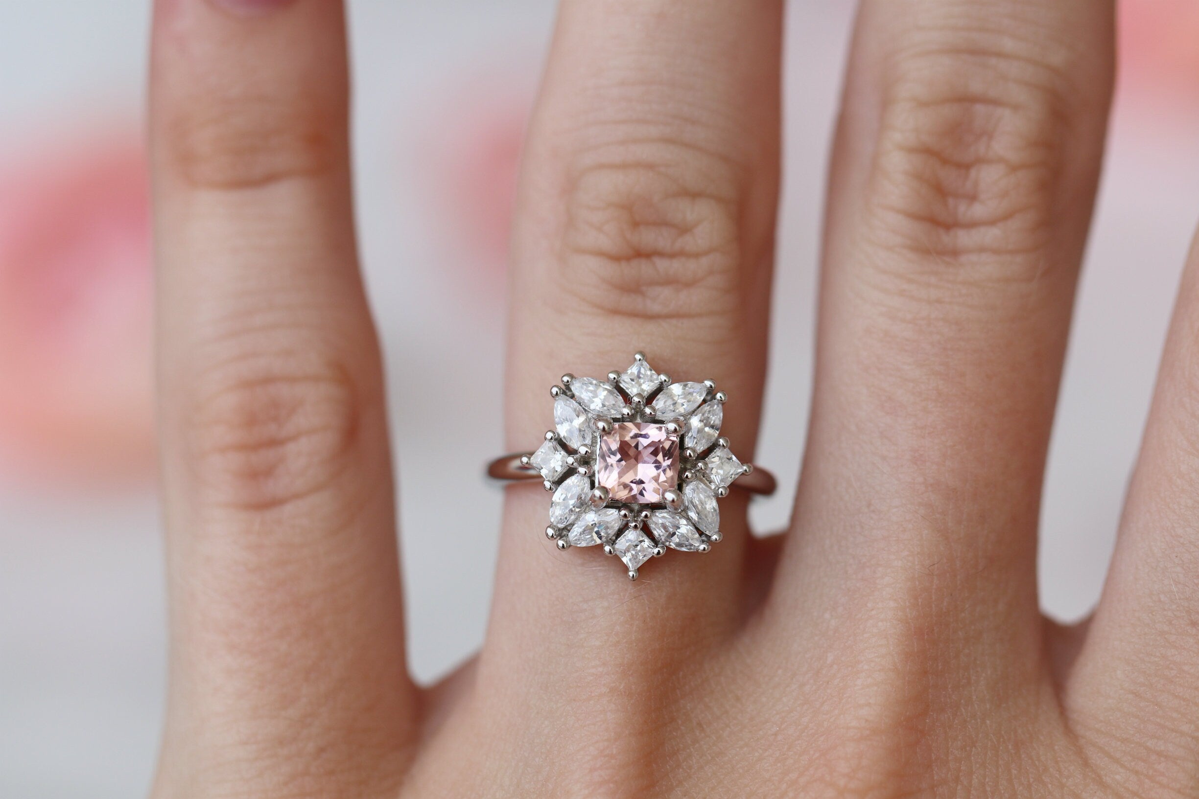 Magnolia Morganite Ring - Sterling Silver Rose Gold Plated, Dainty Floral Engagement Ring for Women, Perfect for Wedding, Anniversary & Valentine's Day Gifts