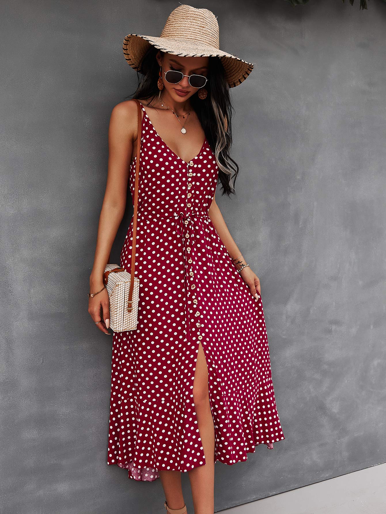 BROVAVE Women's 2025 Summer Casual Boho Sundress - Polka Dot Spaghetti Strap V-Neck Flowy Midi Dress for Beach, Vacation & Outdoor Parties | Lightweight & Comfortable